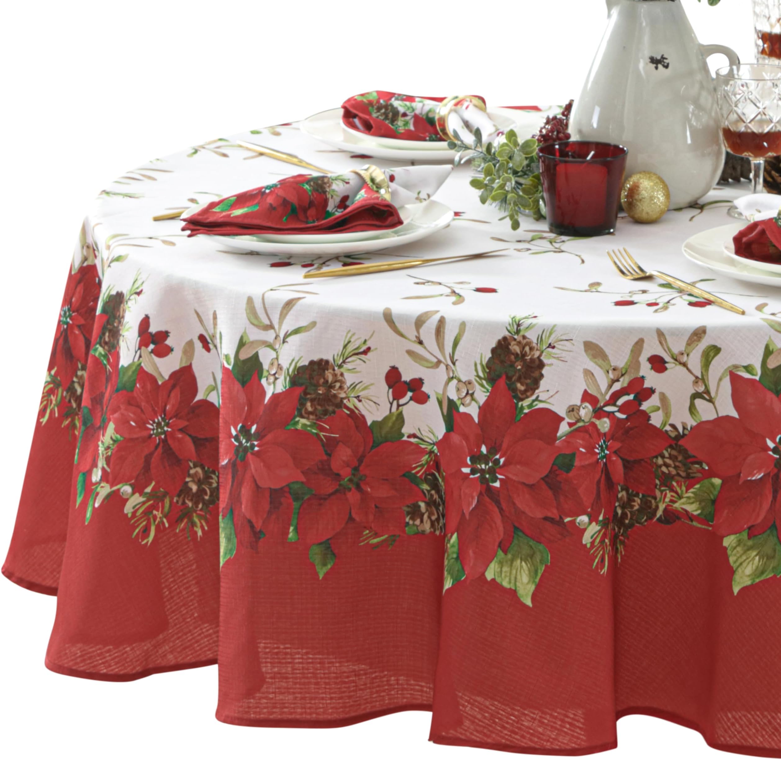 Newbridge Christmas Blooming Poinsettia’s Double Bordered 70 inch Round Fabric Tablecloth, Holiday Red and White Poinsettia Dining Table Cover