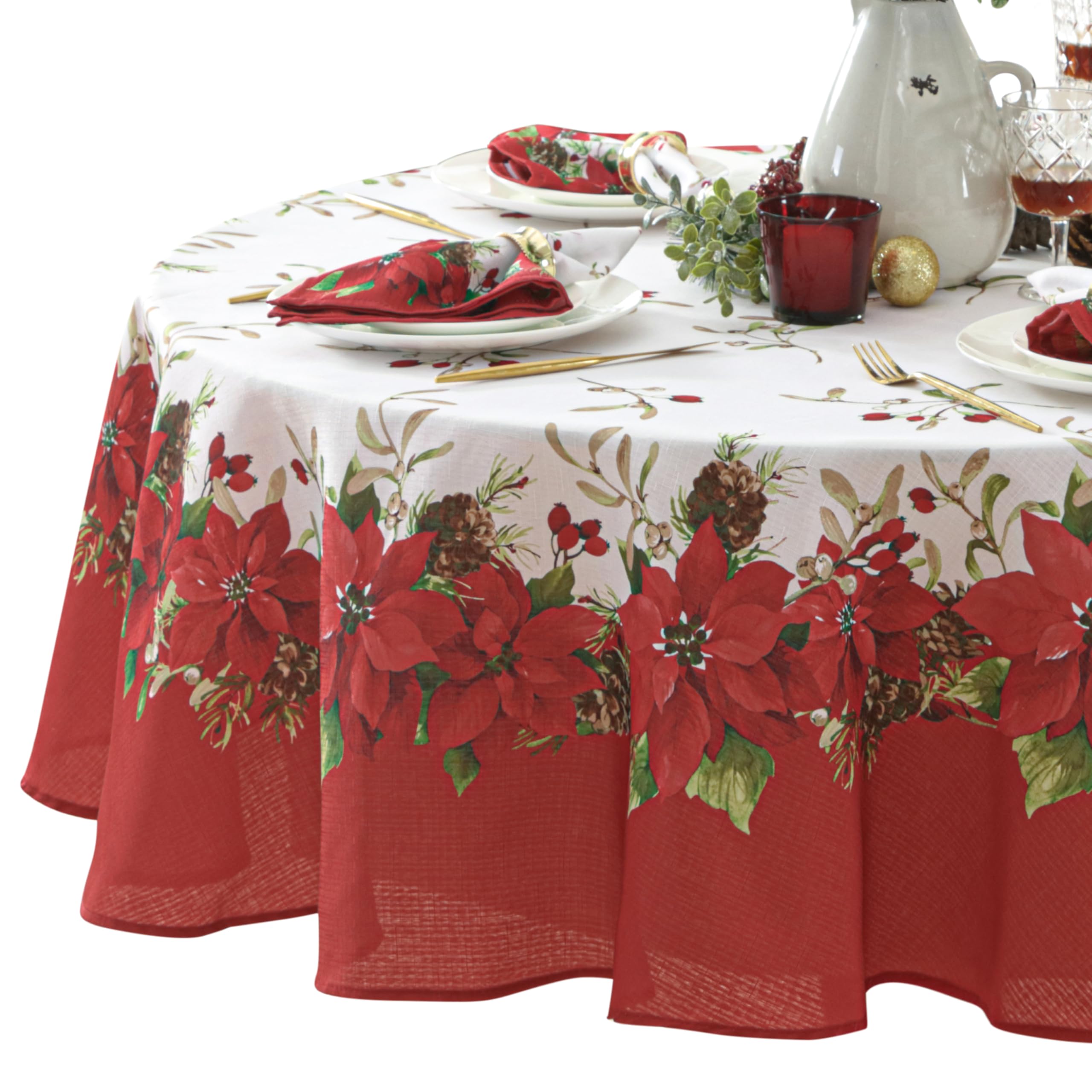 Newbridge Christmas Blooming Poinsettia’s Double Bordered 70 inch Round Fabric Tablecloth, Holiday Red and White Poinsettia Dining Table Cover