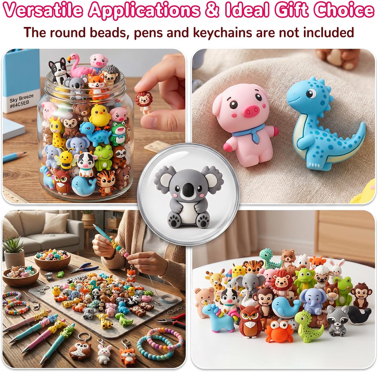 90 Pcs Animals Silicone Focal Beads Bulk Non Repeat 3D Animal Character Beads for Beadable Pens Cute Cartoon Silicone Beads for DIY Keychains, Jewelry Making, Bracelet Charms, Phone Chains