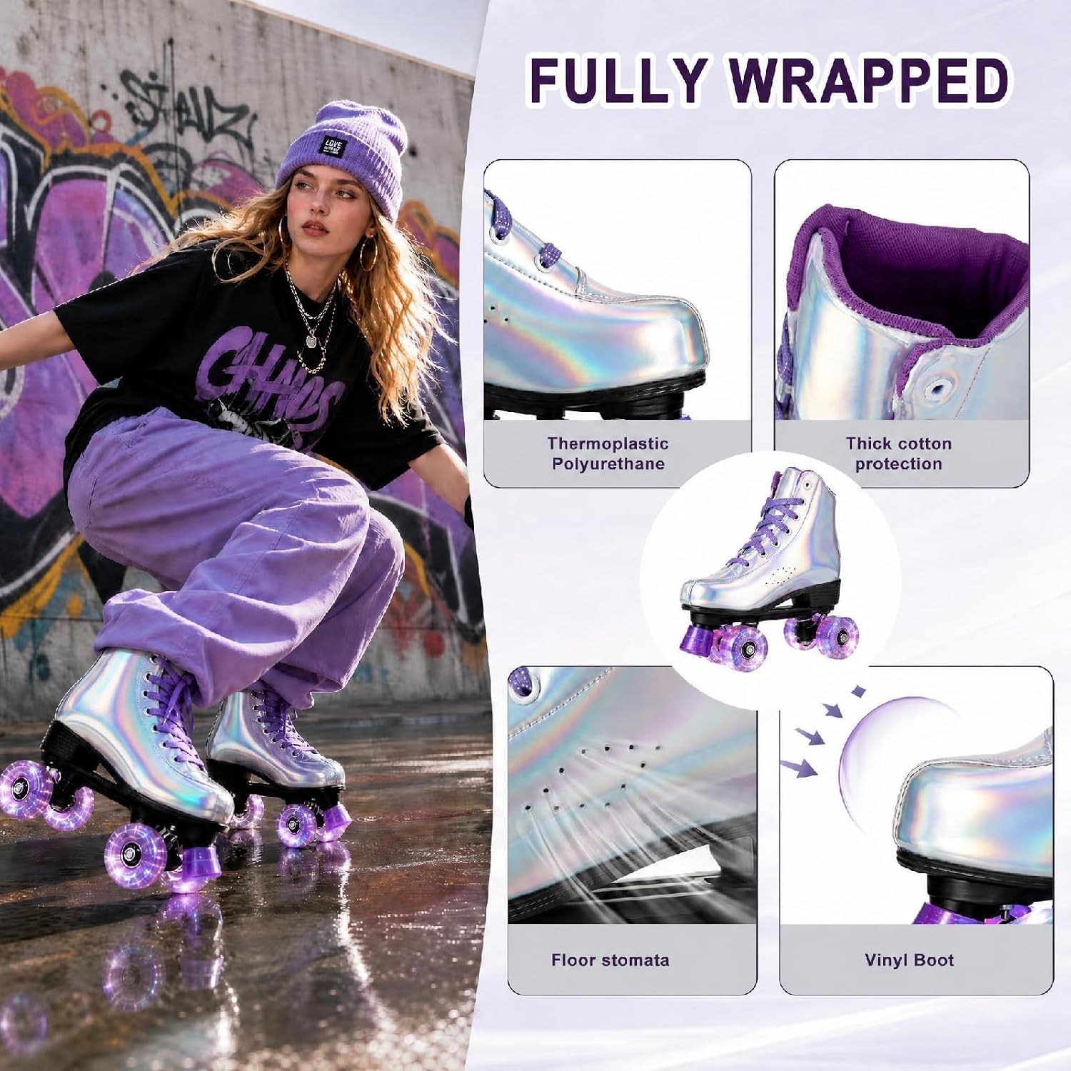 XUDREZ Roller Skates for Women, Holographic High Top PU Leather Rollerskates, Shiny Double-Row Four Wheels Skates Patines for Women Men Boys and Girls and Age 8-50 Indoor Outdoor
