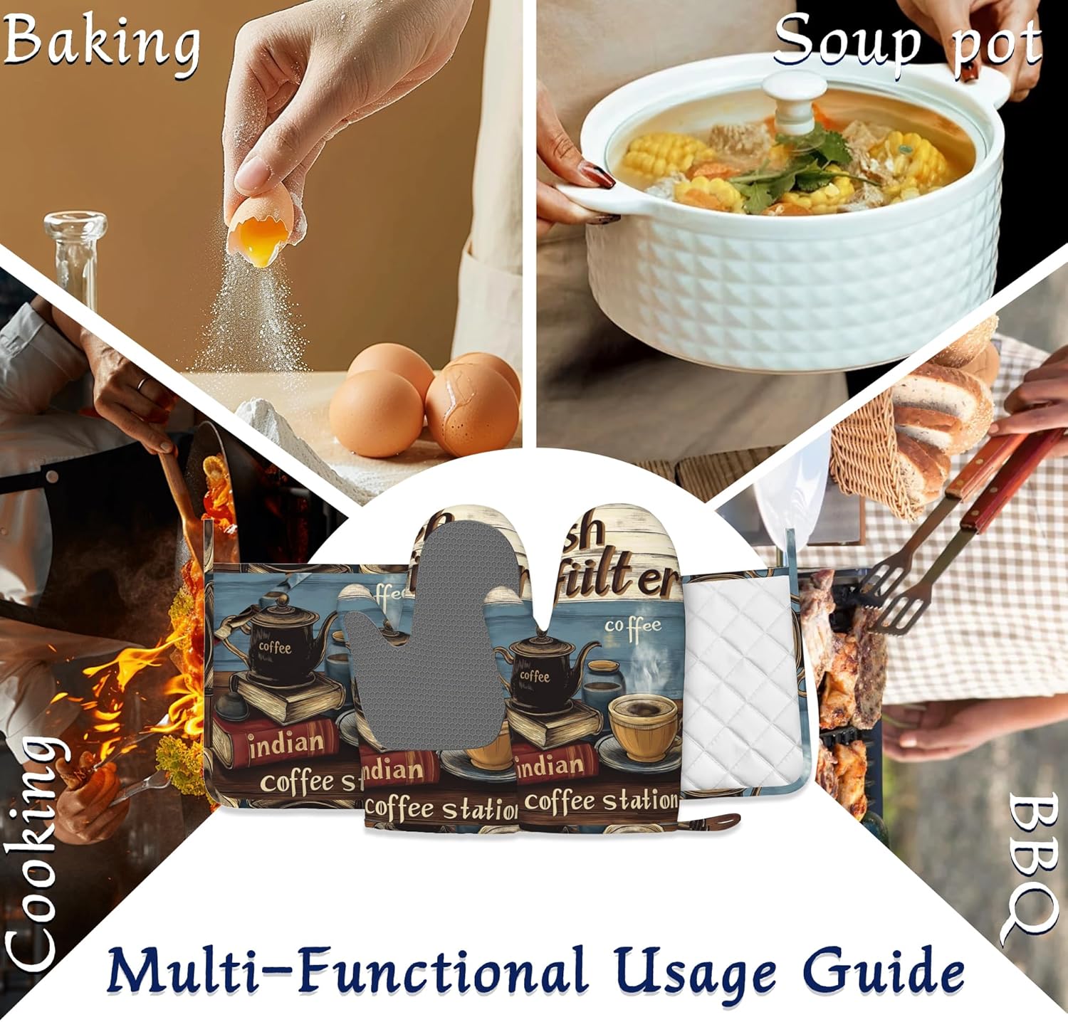 Rustic Coffee Pot Holders and Oven Mitts Set Silicone Vintage Book Coffee Kitchen Gloves Potholders Heat Resistant Washable,Chef Cooking Baking Gifts for Women Men Bakers Lover Cooks