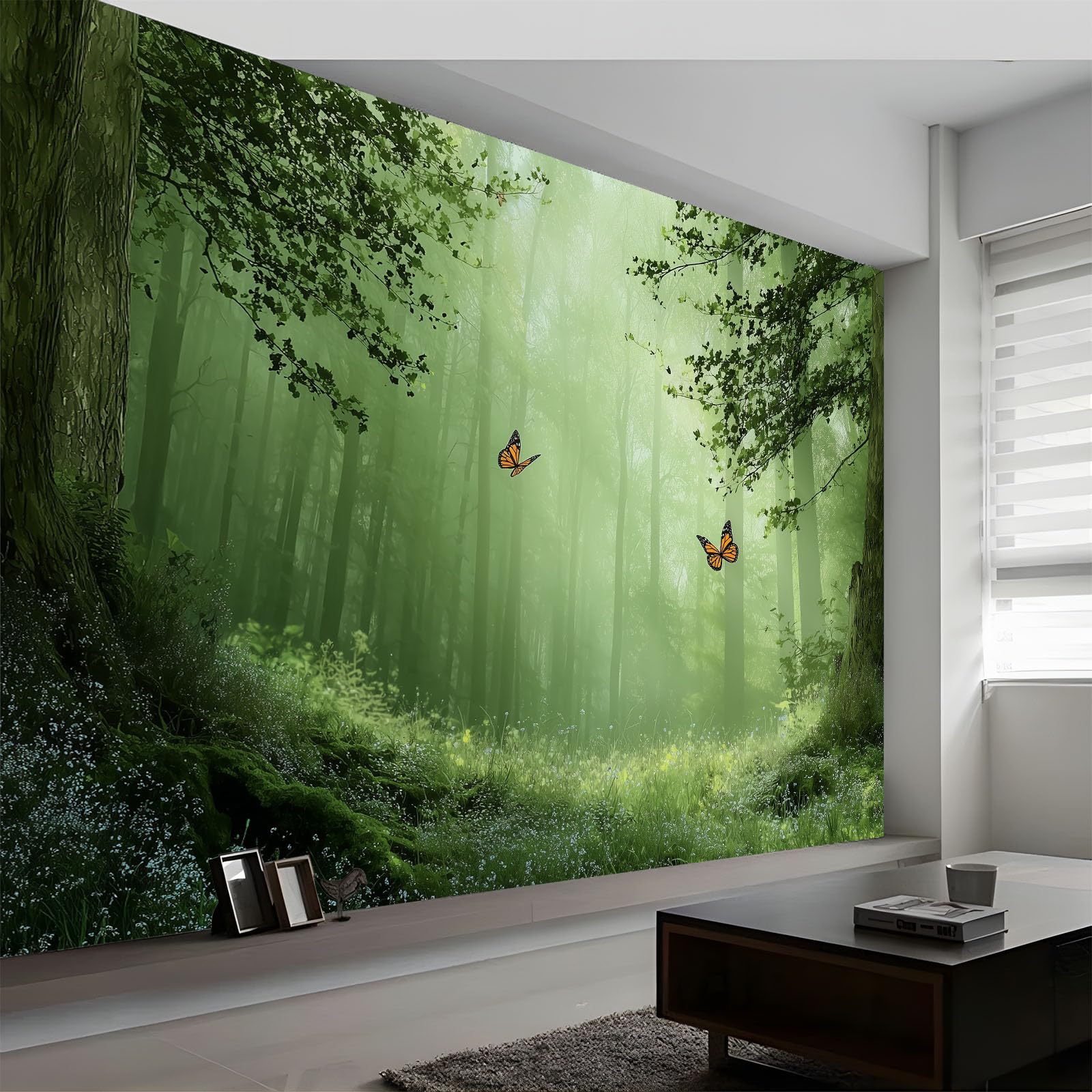 Générique Papier Peint 3D Effet Panoramique Photo Mural 450 x 280 cm Fantaisie Nature Forêt Papillon Papier Peint Tapisserie Poster Panoramique Salon Chambre D'Enfants Décoration Murale, Vert Forêt