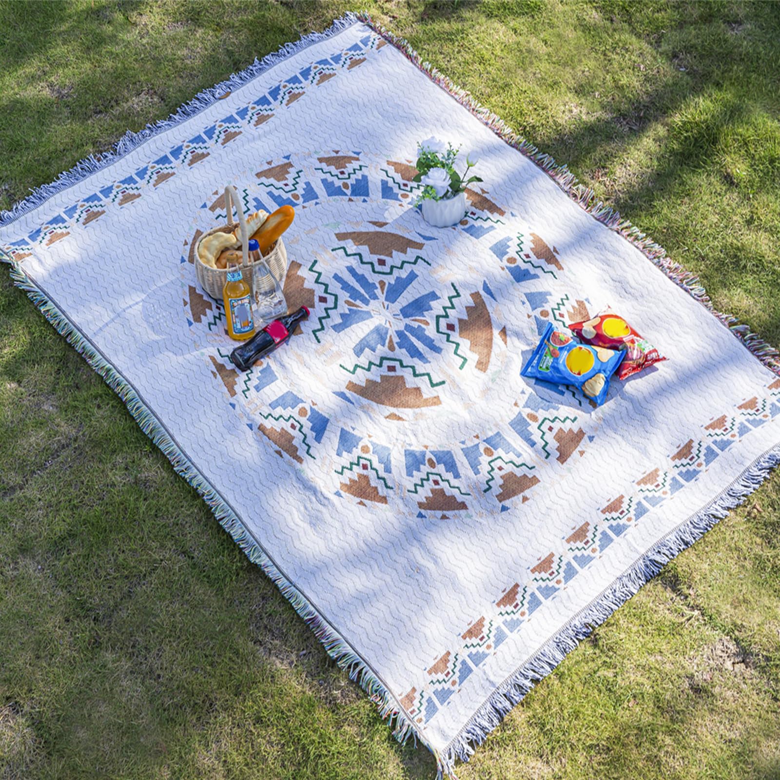 Boho Knitted Throw Blanket, 35.4×60 Inches, Soft Outdoor Picnic Blanket, Stylish Bohemian Couch & Chair Throw for Camping, Beach, Tent, and Home Decor. (Mysterious)