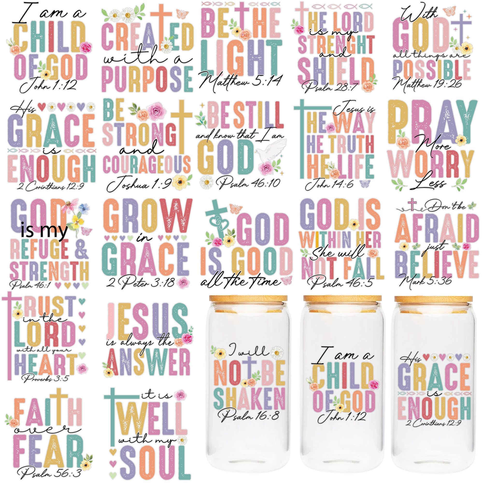 Bibel UV DTF Cup Wraps - 20 Blatt Bibelvers UV DTF Transfer Decals, Christian UVDTF Cup Wraps für Glas, Blume, wasserdichte Transferaufkleber, religiöse DIY Handwerk