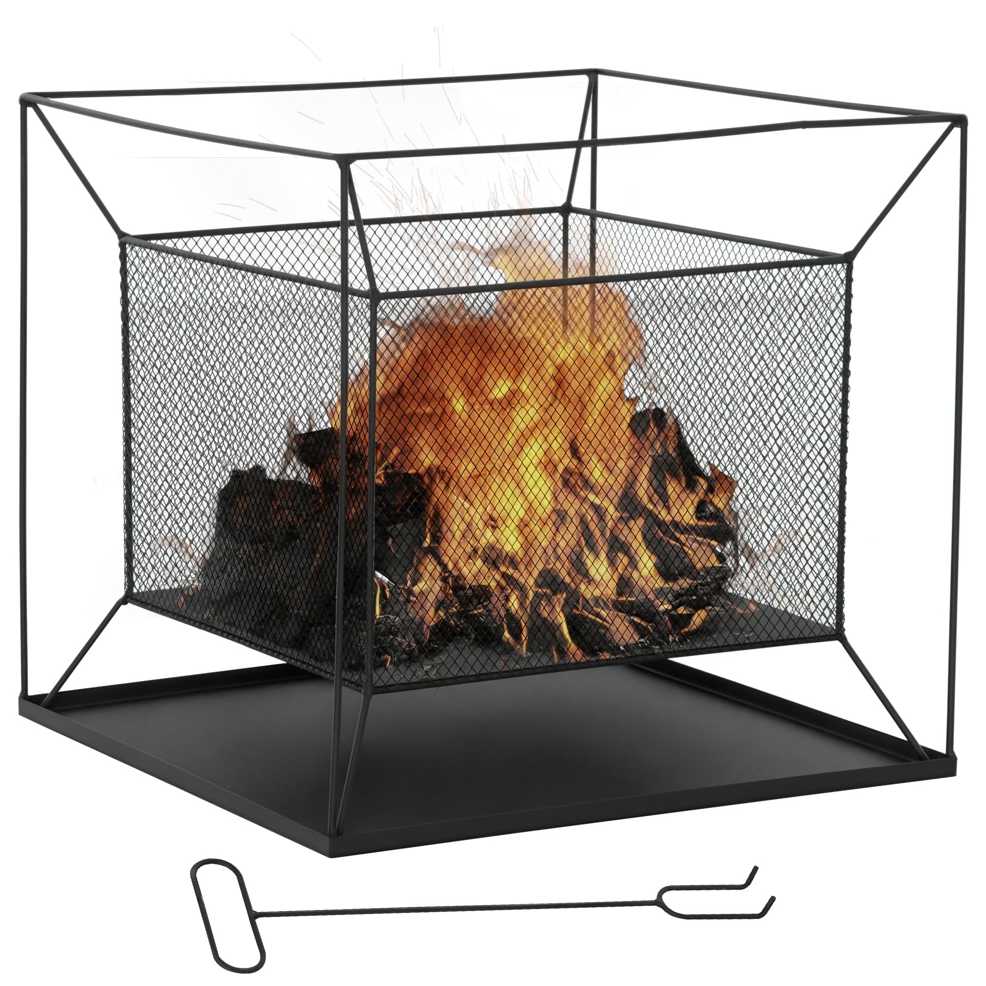 Outsunny Feuerschale Modern Feuerkorb Metall 45 x 45 x 43 cm Schwarz | Rechteckig, Feuerstelle, für Garten, Camping, BBQ