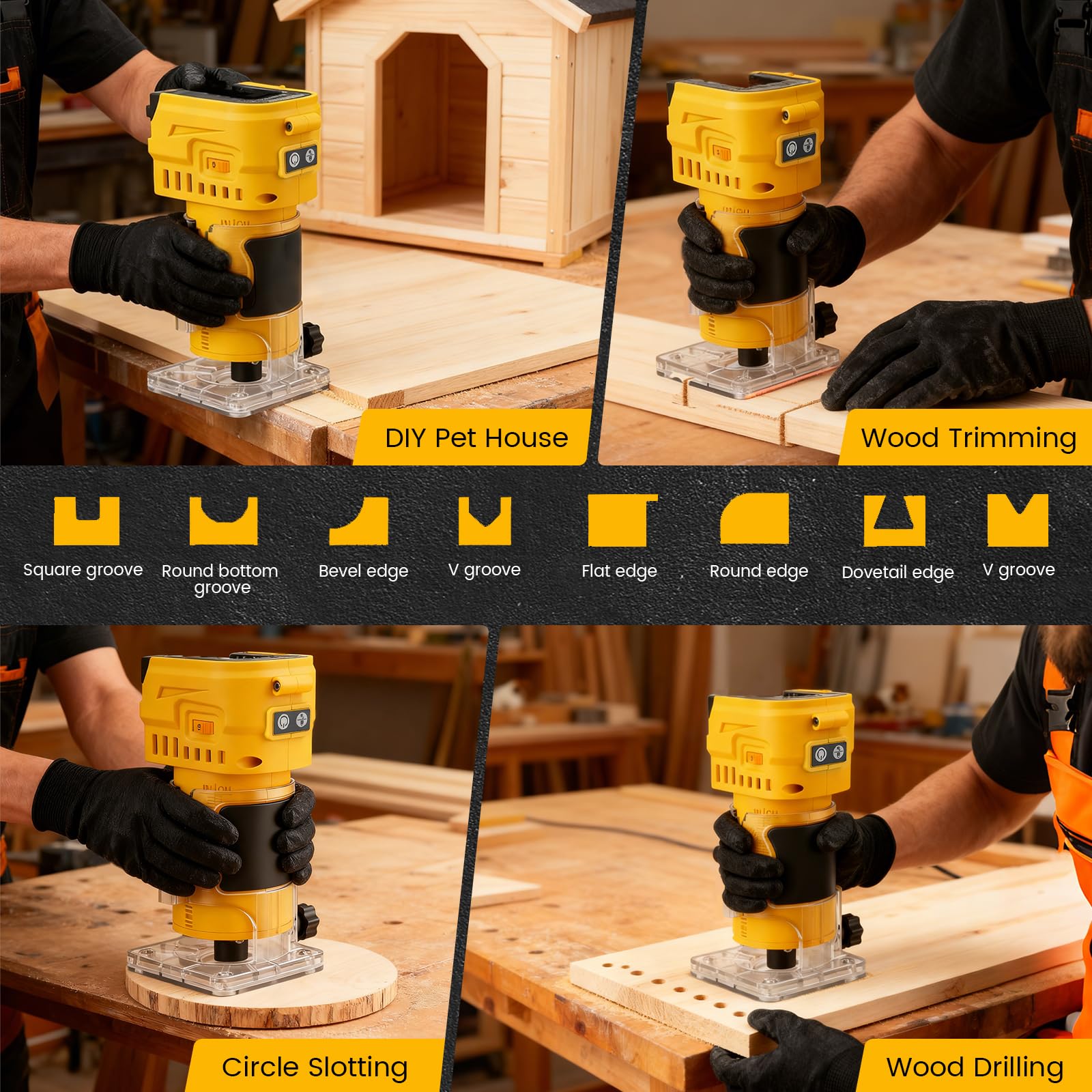 Fresa a Batteria 21V Brushless 850W Compatibile Dewalt, Fresatrice per Legno 30000 Giri/min 6 velocità, profondità 20mm, Rifilatore per Scanalature e Lavori di Falegnameria