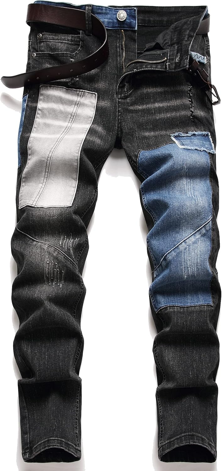 XIMXIMMTIAN Men's Biker Moto Washed Distressed Slim Fit Straight Jeans Denim