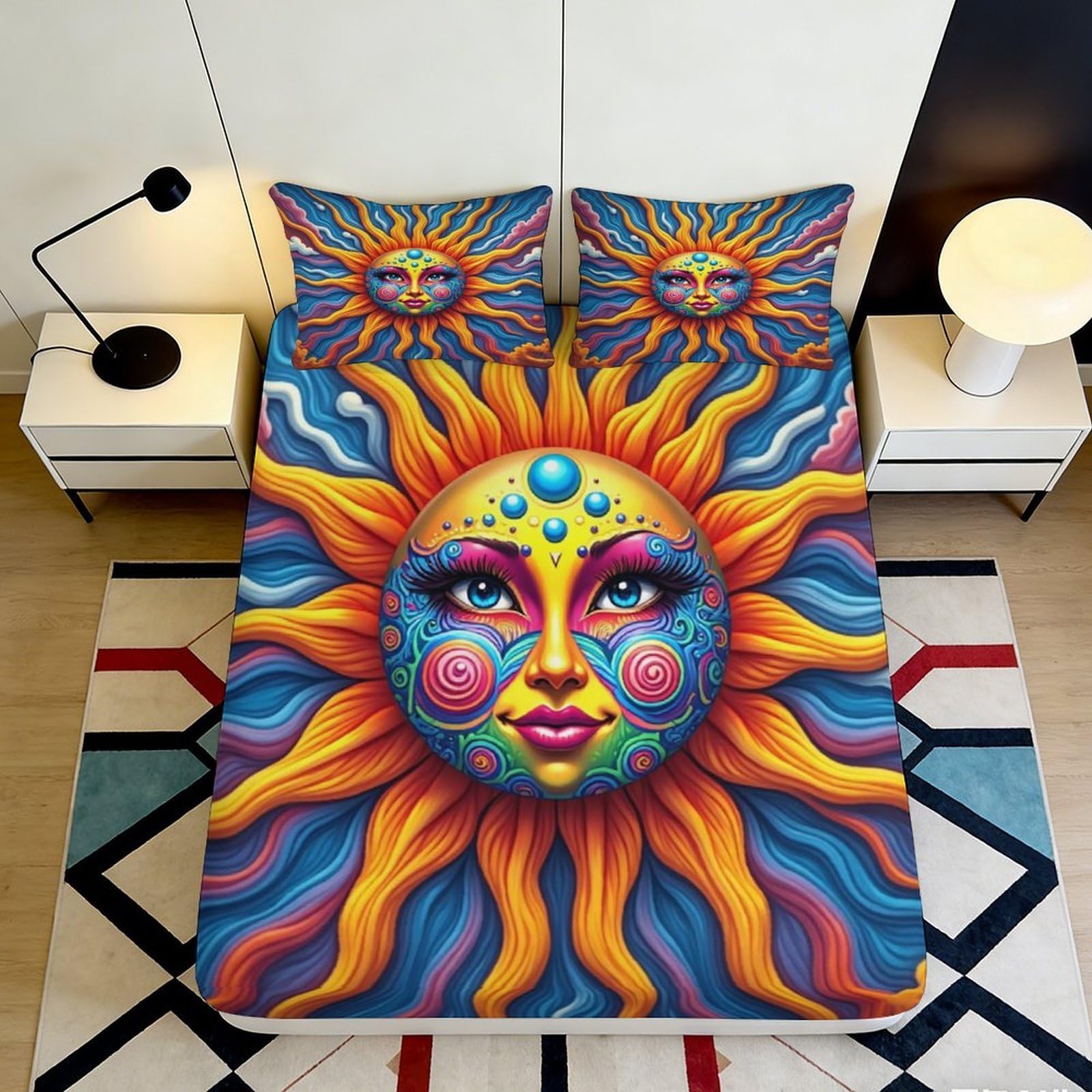 3D Printed Vibrant Sun Design Fitted Sheet Microfiber Soft Durable Abstract Sunray Bed Cover for Bedroom Dormitory Guest Room Mattress Protection 140x200x25cm