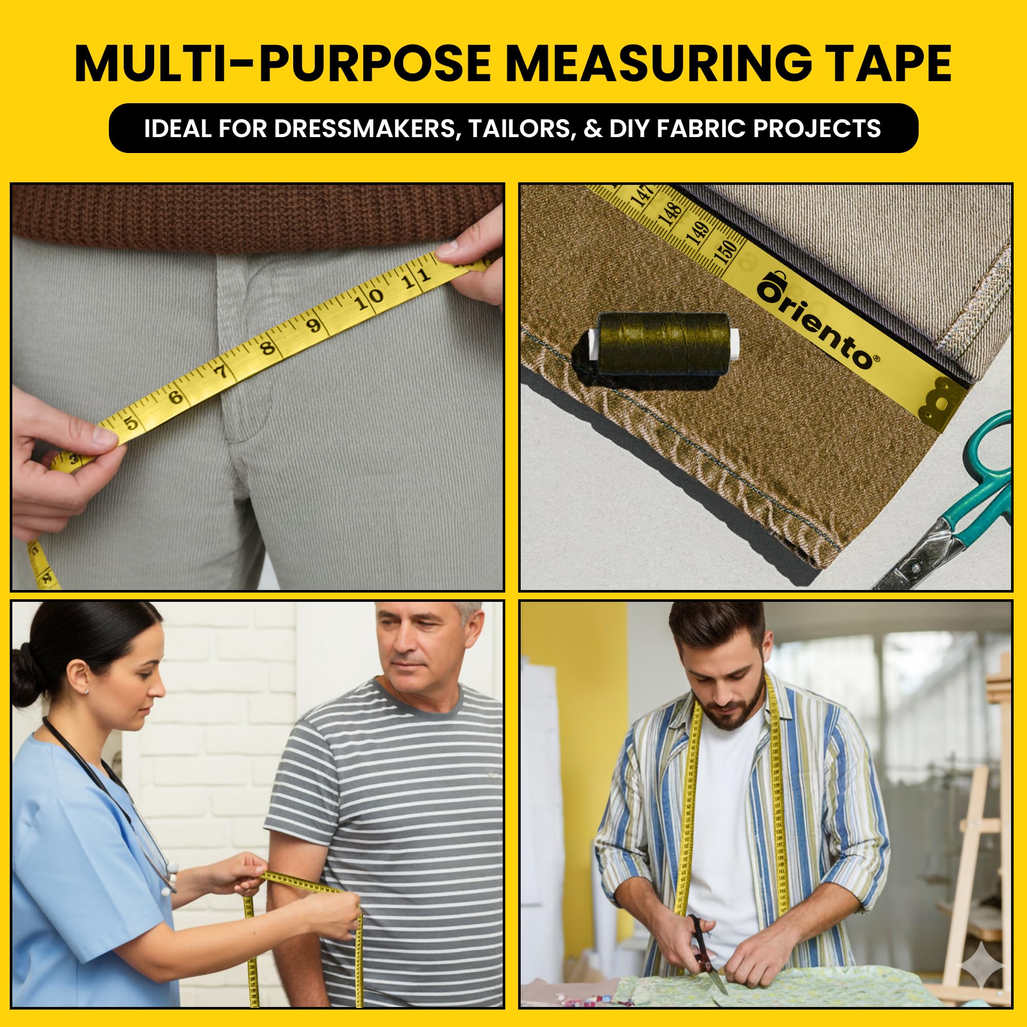 ORIENTO Mètre Ruban pour Corps et Couture 150 cm/60 Pouces, Ruban de Mesure Souple Double Face pour Mesures du Corps, Couture, Centimètres et Pouces Jaune [150 cm /60 nch]