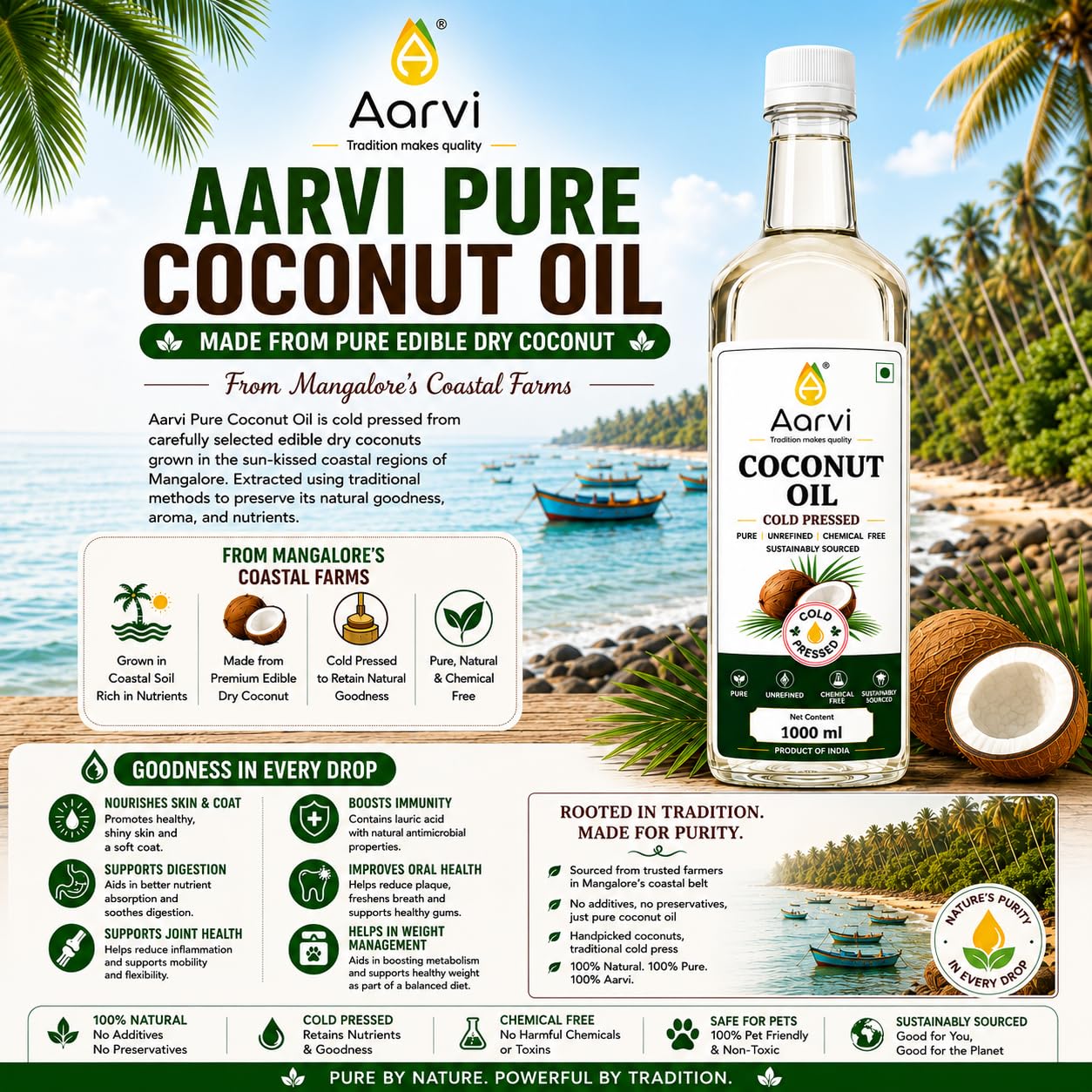 AARVI Cold Pressed Coconut Oil 1 Litre | 100% Pure & Unrefined | Cold Pressed | Edible Cooking Oil | Chemical Free | Natural Coconut Oil for Cooking & Baking (1000 ML PET BOTTLE) 1