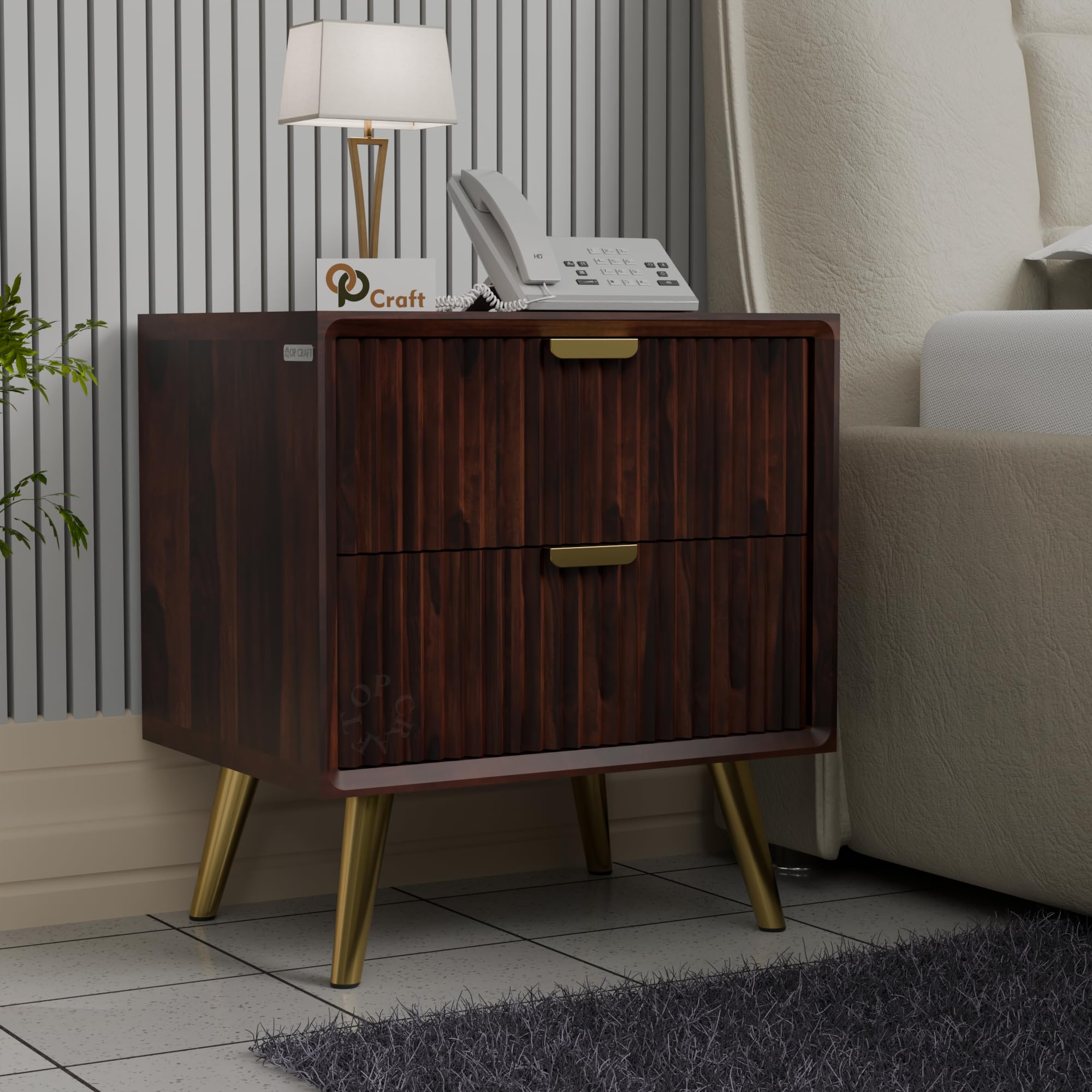 Modern Wooden Bedside Table with 2 Drawers | Nightstand with Metal Legs | Storage Side Table for Bedroom & Living Room | Mid-Century End Table Furniture (Walnut Finish)-picture-22