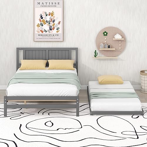 Harper & Bright Designs Base de cama de tamaño matrimonial con nido ajustable, cama de plataforma matrimonial de madera con cabecero, marco de cama