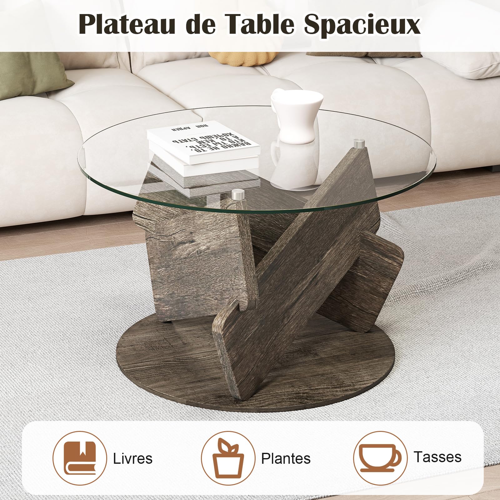 COSTWAY Table Basse Ronde en Verre, 81x 81 cm, Base en Caoutchouc, Style Rustique, Table de Salon pour Petit Espace, Bureau