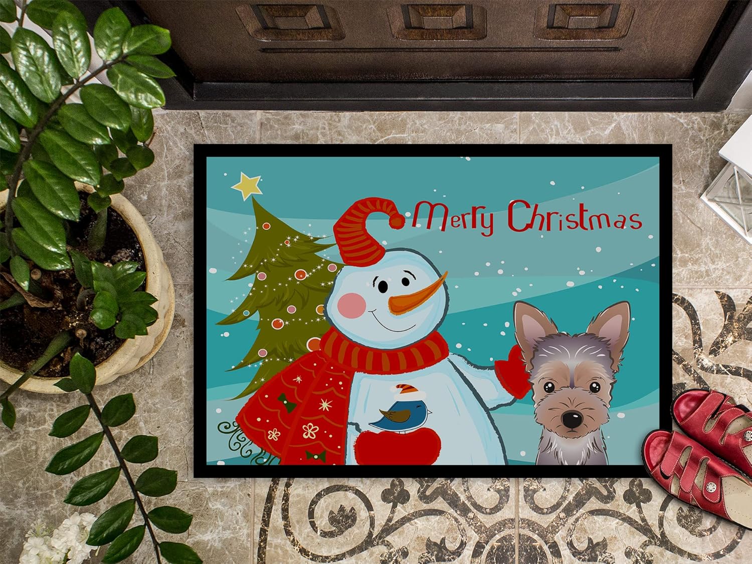 Caroline's Treasures BB1852MAT Snowman with Yorkie Puppy Doormat 18x27 Front Door Mat Indoor Outdoor Rugs for Entryway, Non Slip Washable Low Pile, 18H X 27W