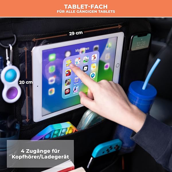 Huckaboo Autositz Organizer – Rücksitz-Organizer für Kinder & Auto-Rückenlehnenschutz mit Tablet-Fach & vielen Taschen, Schwarz, 2 Stück - 5