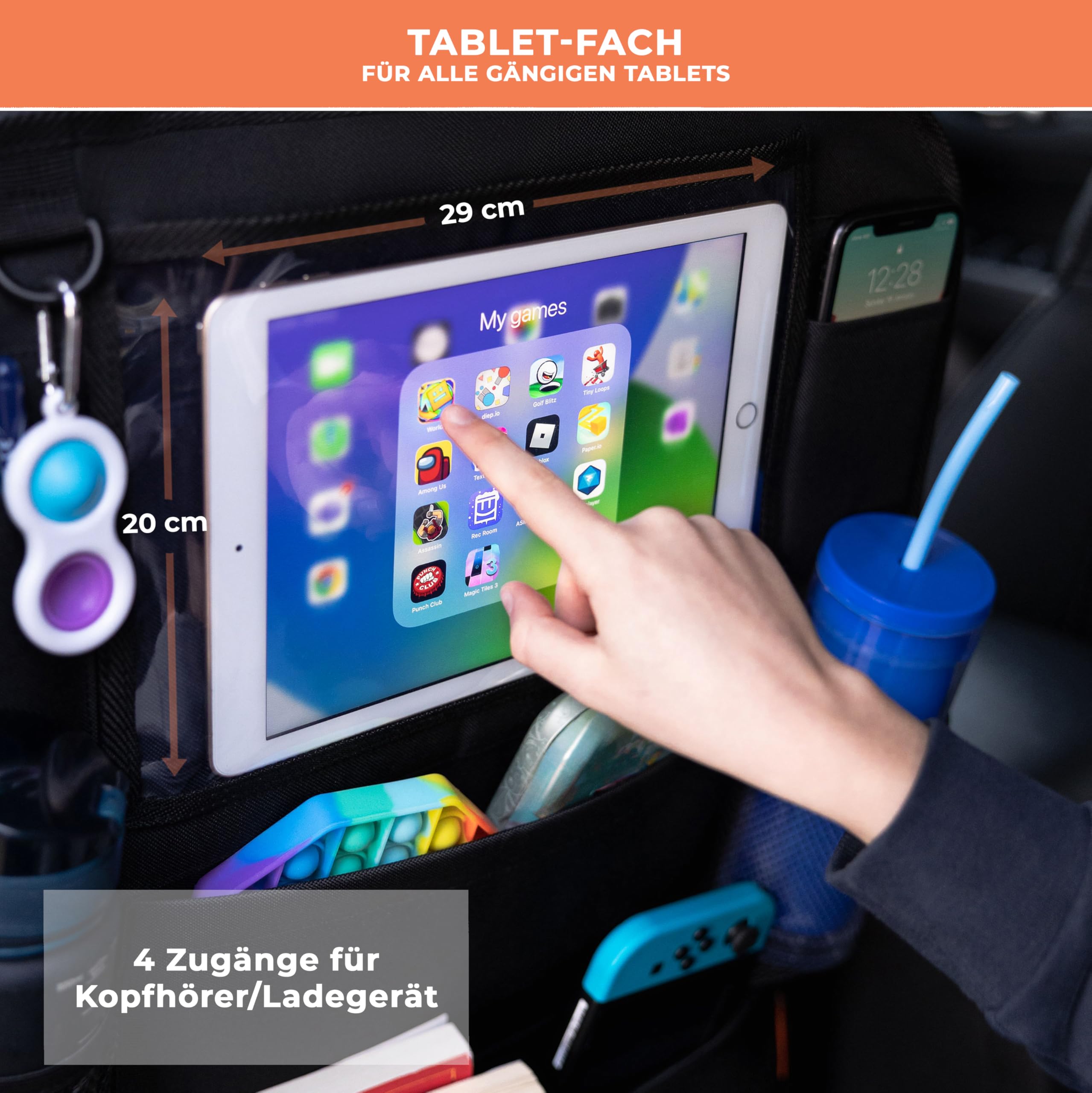 Huckaboo Autositz Organizer – Rücksitz-Organizer für Kinder & Auto-Rückenlehnenschutz mit Tablet-Fach & vielen Taschen, Schwarz, 2 Stück