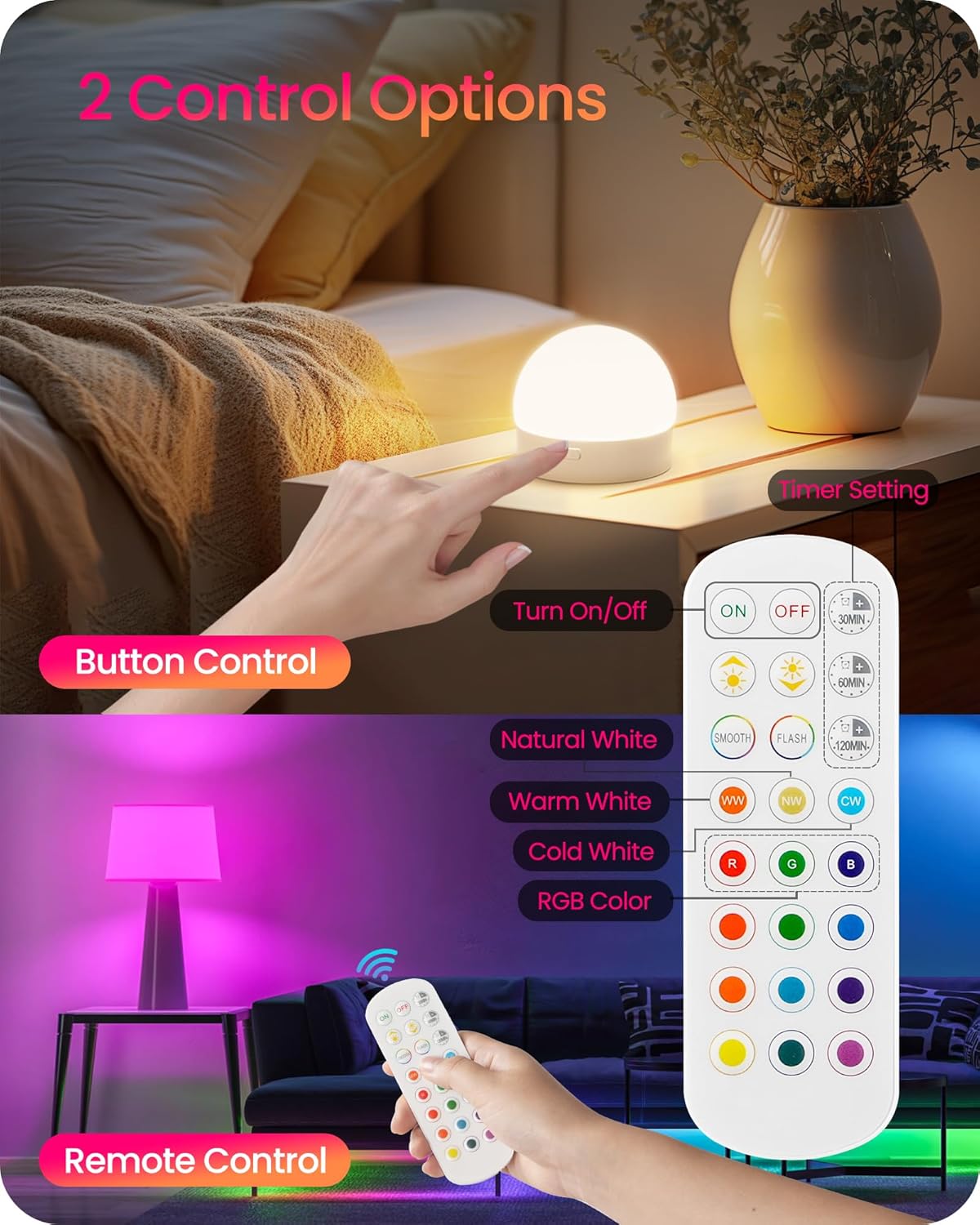 Rechargeable Light Bulbs with Remote Control, Battery Operated Light Bulbs, 3 Timer 15 Colors Selectable, Dimmable Wireless RGB LED Bulb for Wall Sconce, Non-Hardwired, 2 Pack, R01YBP206