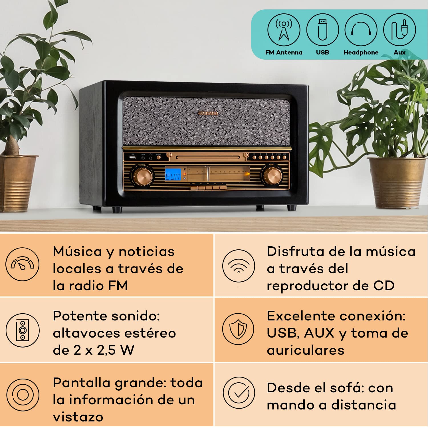Auna Radio CD, Diseño Retro FM Radio con Sonido Estéreo y AUX, Portatil Madera Altavoces Integrados, Pantalla LC Mando Distancia, Transistores con USB y Entrada MP3 y Auriculares
