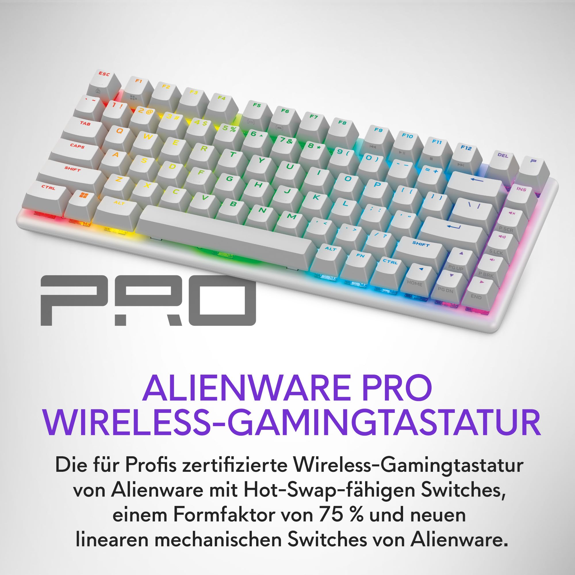 Alienware Pro Kabellos Gamingtastatur LL, 75% Formfaktor, AlienFX RGB | Lineare mechanische Switches, Hot‑Swap, 2,4 GHz Bluetooth / USB‑C, PBT‑Tastenkappen, 5 Profile, US QWERTY, Lunar Light