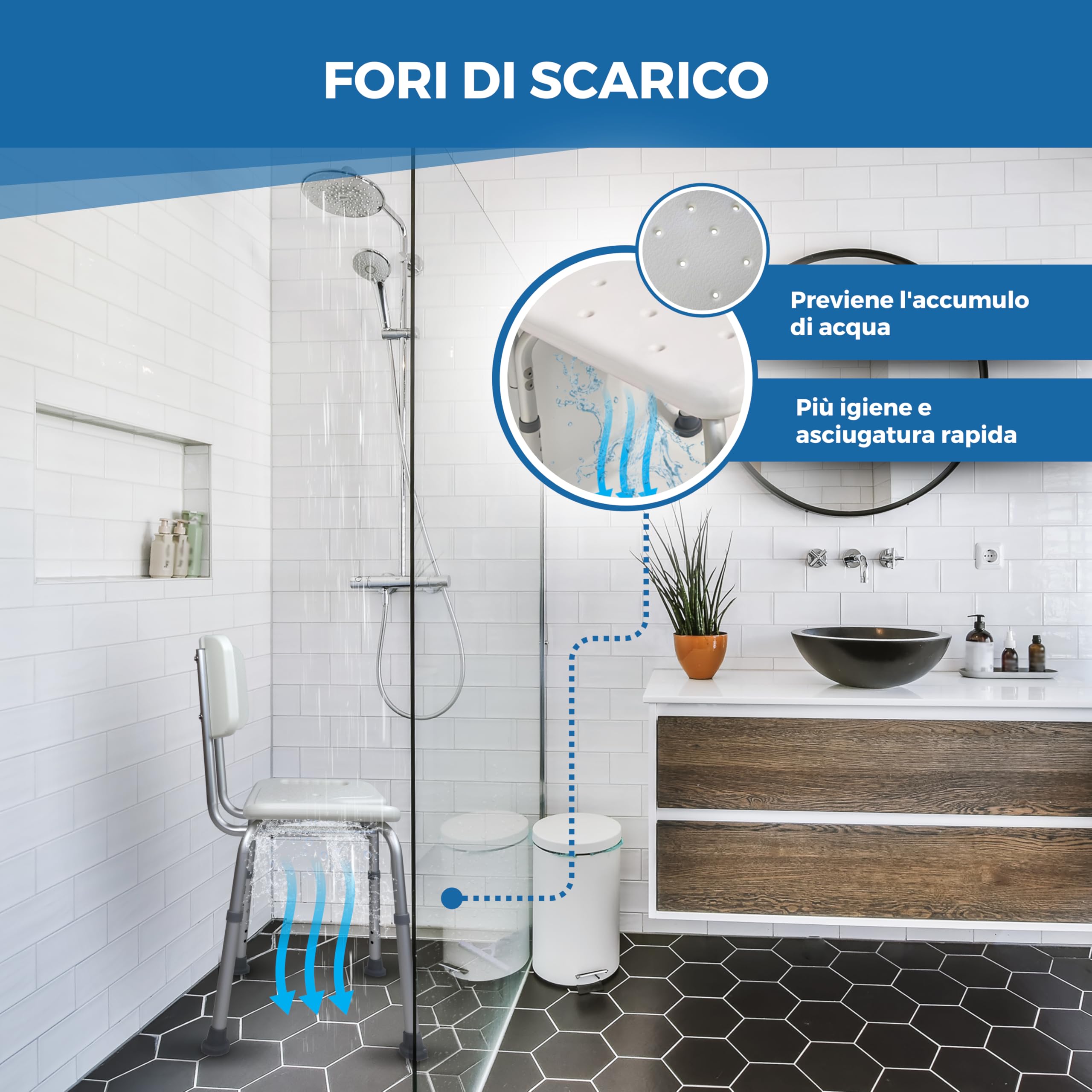 Mobiclinic, Sedia per doccia, Marisma, Marchio europeo, Con schienale, Marcatura CE, Ausili per disabili e/o anziani, Pieghevole e regolabile, Piedini antiscivolo, Alluminio