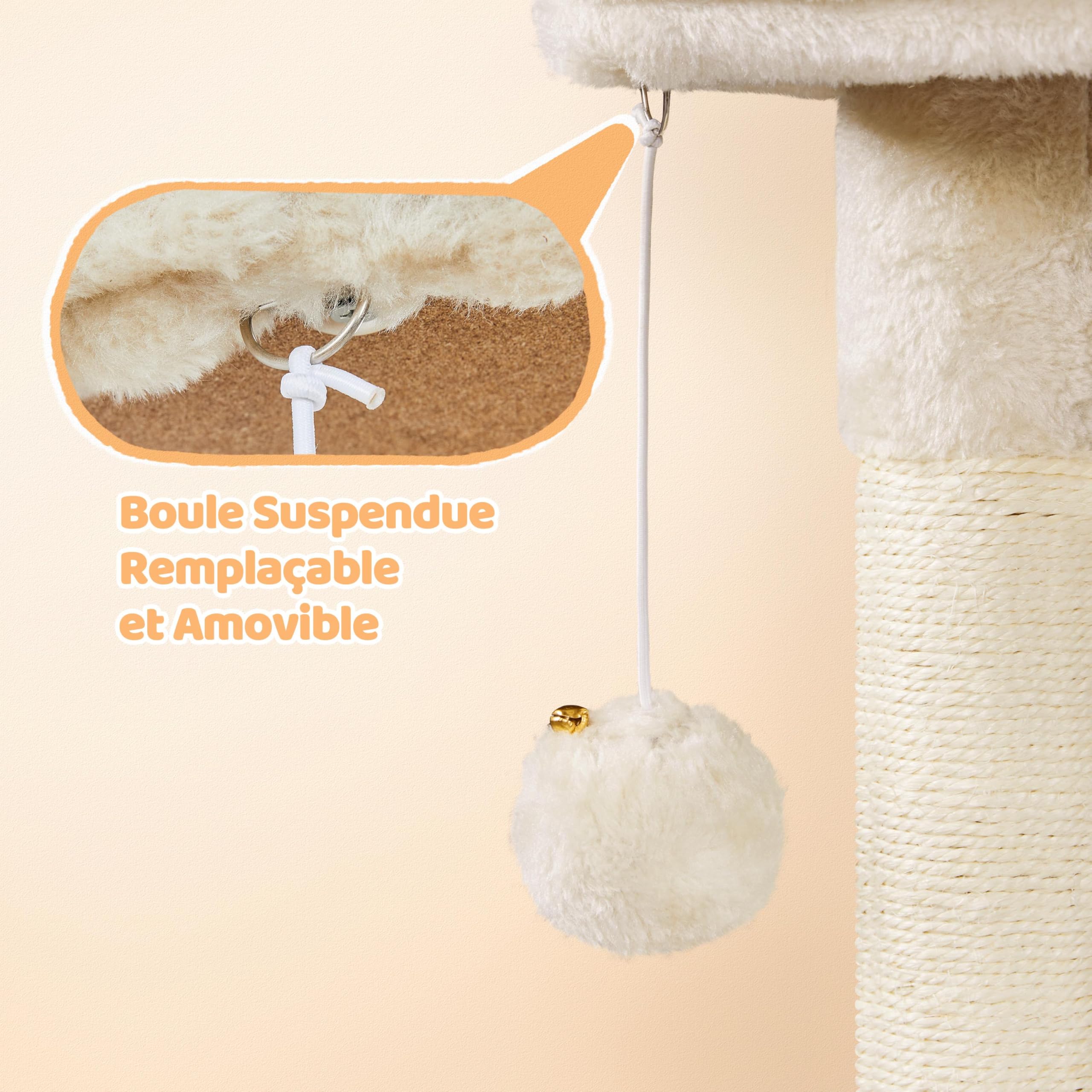 Abician Arbre à Chat Arbre à Grimper Hauteur 96cm Tour de Jeu avec Poteaux Griffoir Cordes Sisal Cachette Panier Niche Beige
