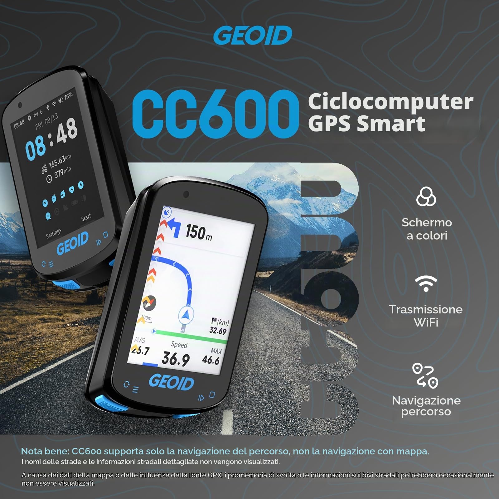 Computer da bici GPS GEOID CC600 con supporto manubrio prolungato