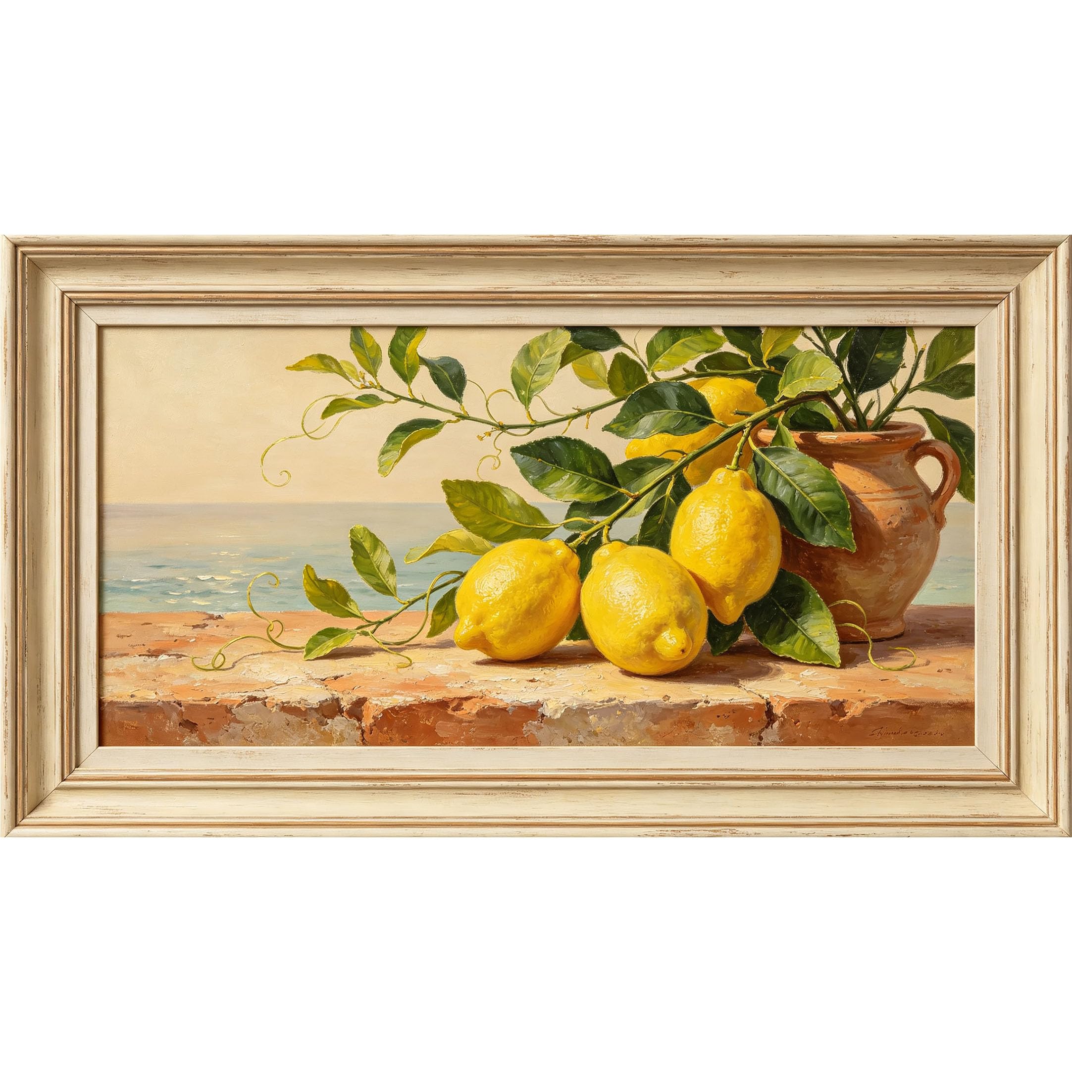 QZLITHOTIC 50×90cm3D Framed Wall Art， Coastal Mediterranean Lemon Fruit Still Life Oil Painting SelfAdhesive Mural， WaterActivated Peel & Stick Fabric Decor Wall Decal for Bedroom Living Room