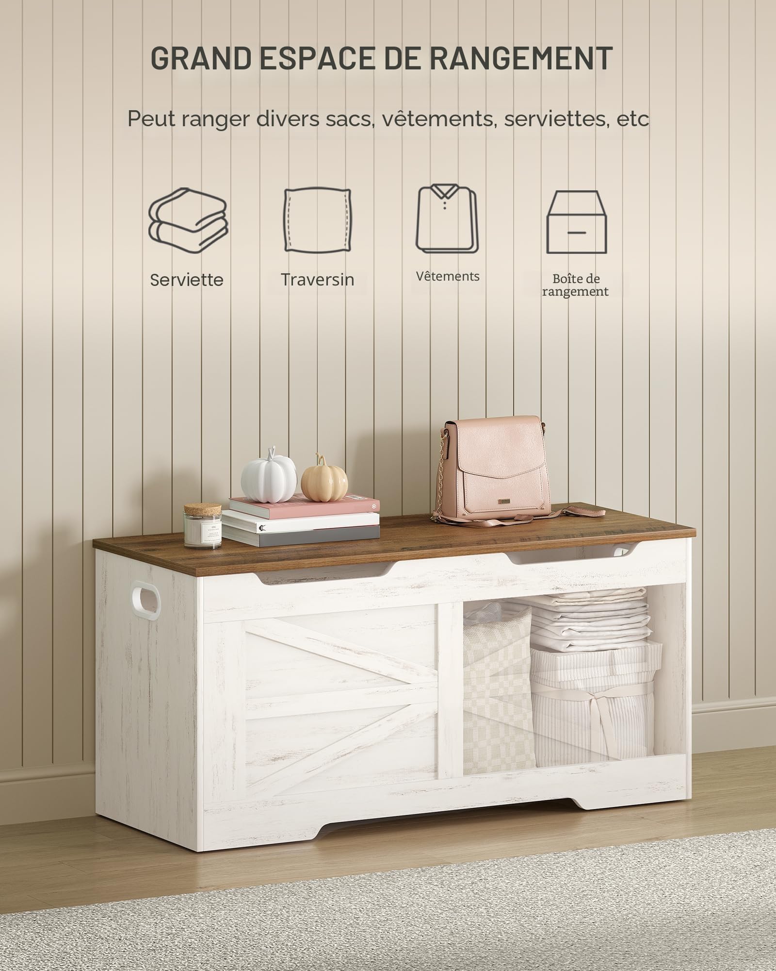 Hzuaneri Banc de Rangement, 100 cm Coffre de Rangement, Blanc Marron | 2 Charnières Stables, Banc À Chaussures pour L'entrée, La Chambre, 40 x 100 x 48 cm, Le Salon, SB03414X