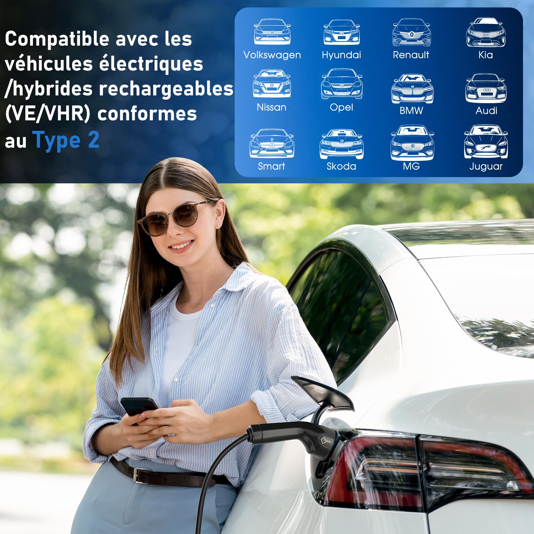 Chargeur Voiture électrique Type 2, 3,6 KW, 6 à 16 A, 7 m | Courant réglable 6/10/13/16 A, Compatible avec ID.3/ID.4, Model 3/Y, Zoe, e-208, Spring, véhicules électriques et hybrides