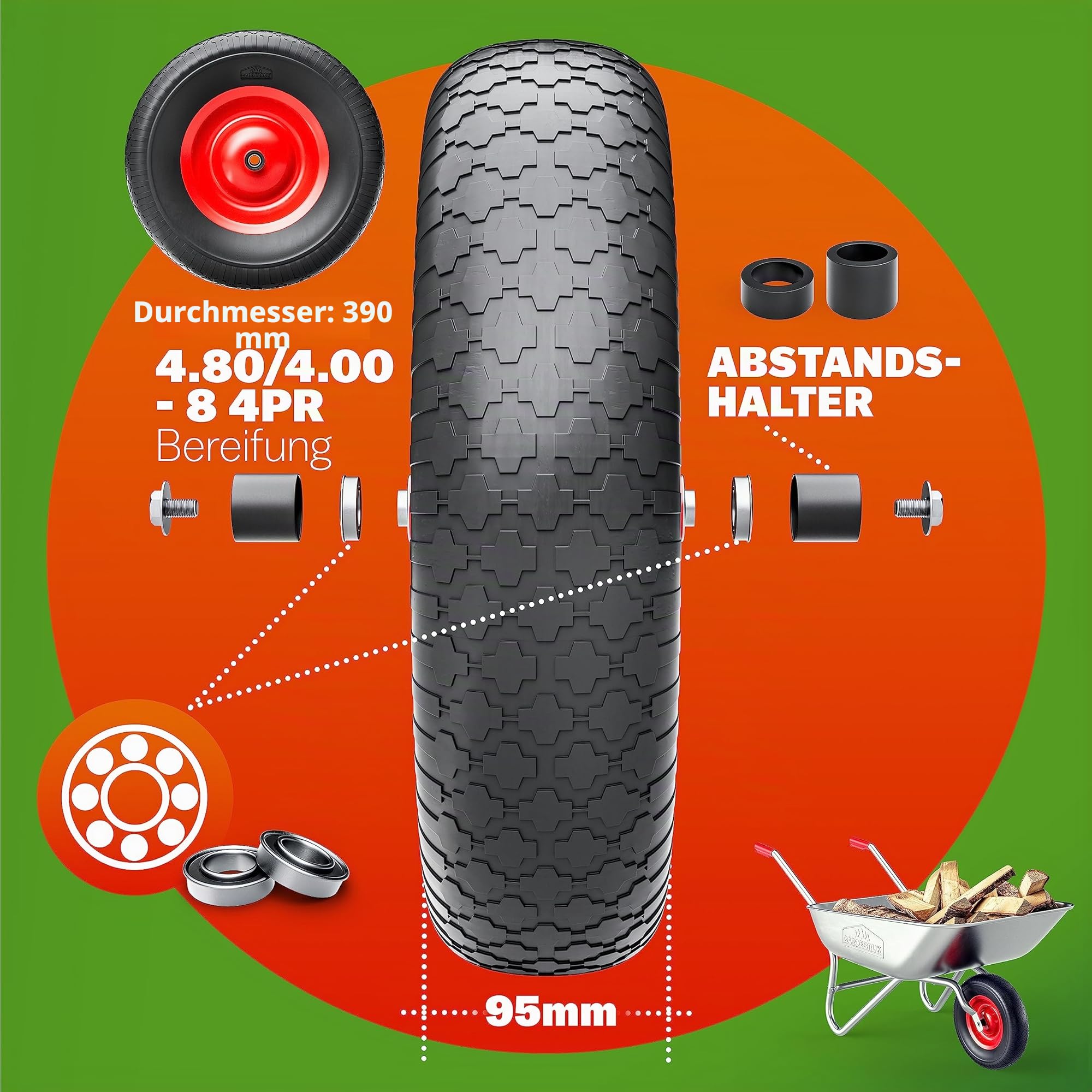 GARDEBRUK Schubkarrenrad PU Vollgummi pannensicher 4.80/4.00-8 ?390mm Stahlfelge 200kg Achse Diamantprofil Reifen Vollgummireifen Ersatzrad Schwarz