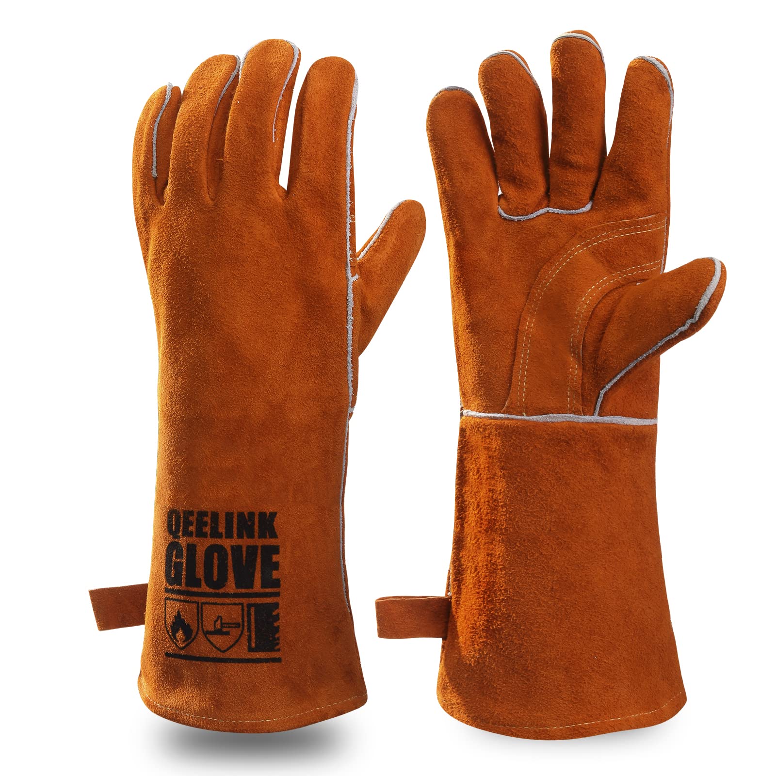 QeeLink Guantes de soldador de piel, ignífugos resistentes al calor, para chimenea para herrero, soldadores, BBQ, 40 cm, 1 par