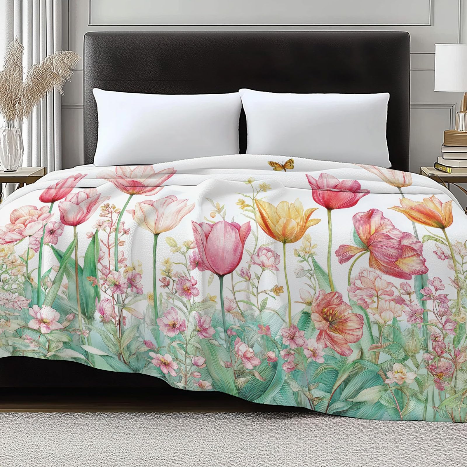Przytulny koc flanelowy, puszysty, 150 x 200 cm, akwarelowe kwiaty i motyle, koc do mieszkania na kanapę i łóżko, miękki koc polarowy z mikrofibry, jako narzuta na kanapę, różowy