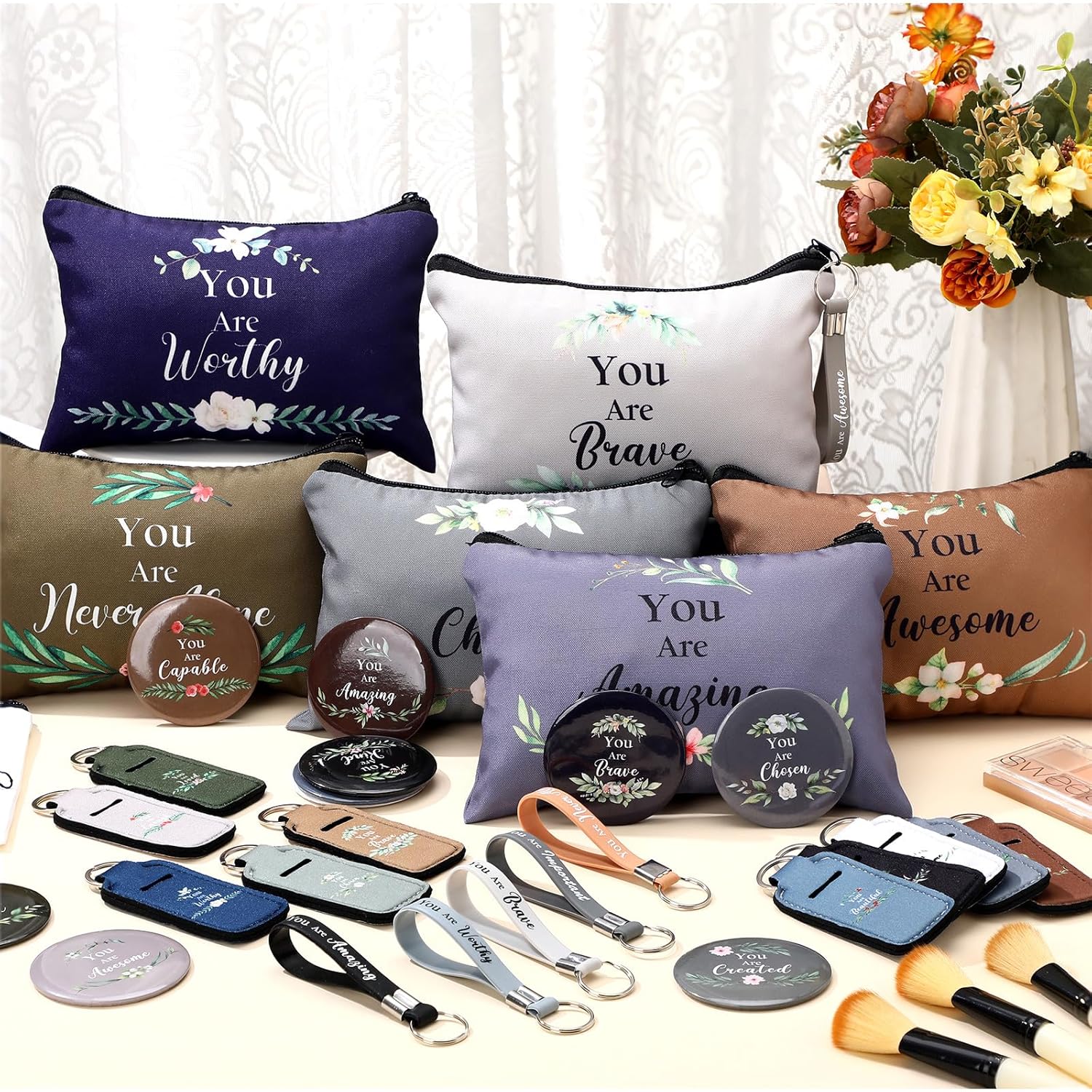 Feifeiya 40 Pcs Mothers Day Gifts Bulk for Church Christian Makeup Bag CNA Week Religious Keychain Scripture Mirrors Gifts Bible Verse Lip Balm Holder for Women Mom Church Party Favors(Dark Color)