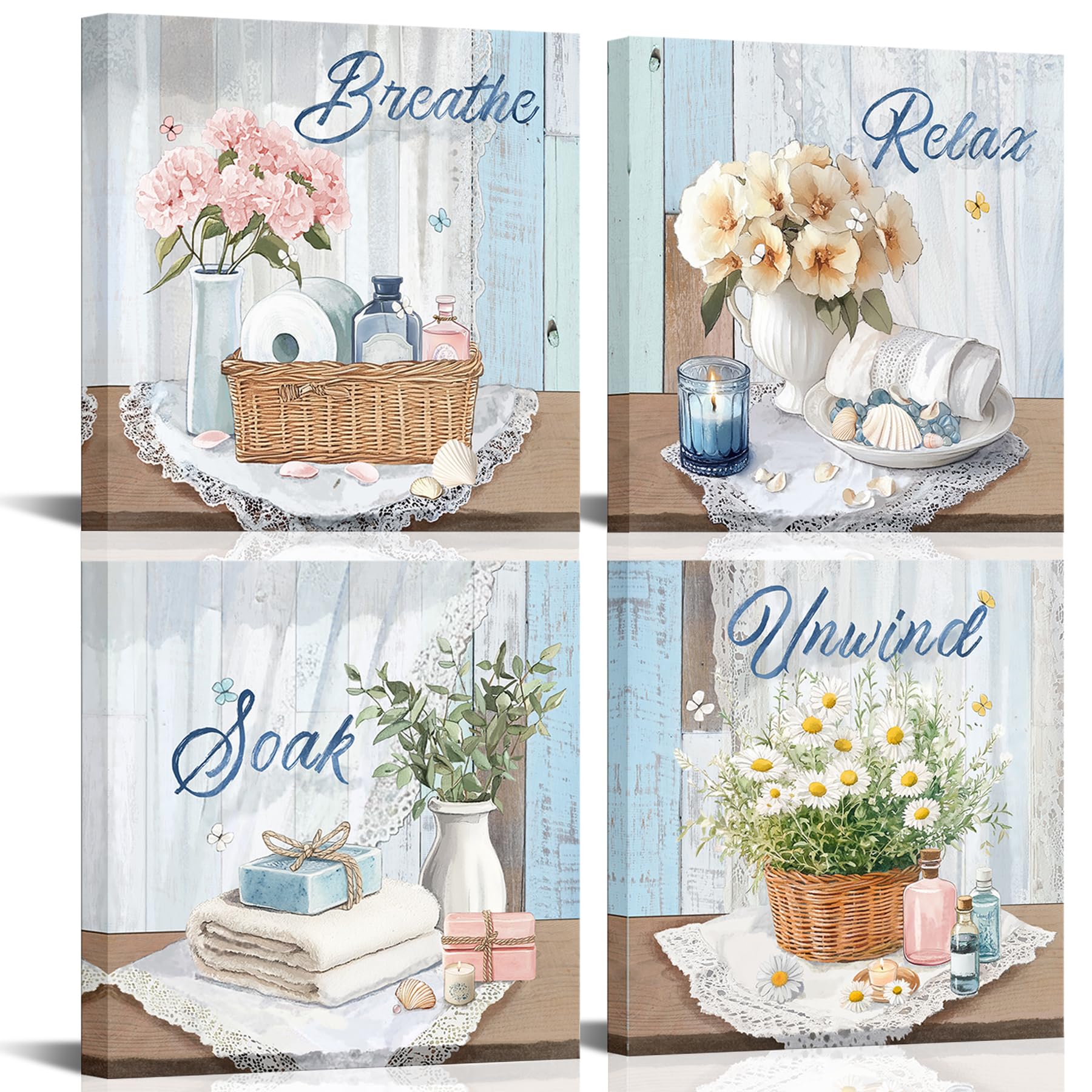 Xiysien Bathroom Wall Art Relax Soak Unwind Breathe - Farmhouse Style Canvas Prints - 4 Pack - 12''x12'' - Framed - Bathroom Decor