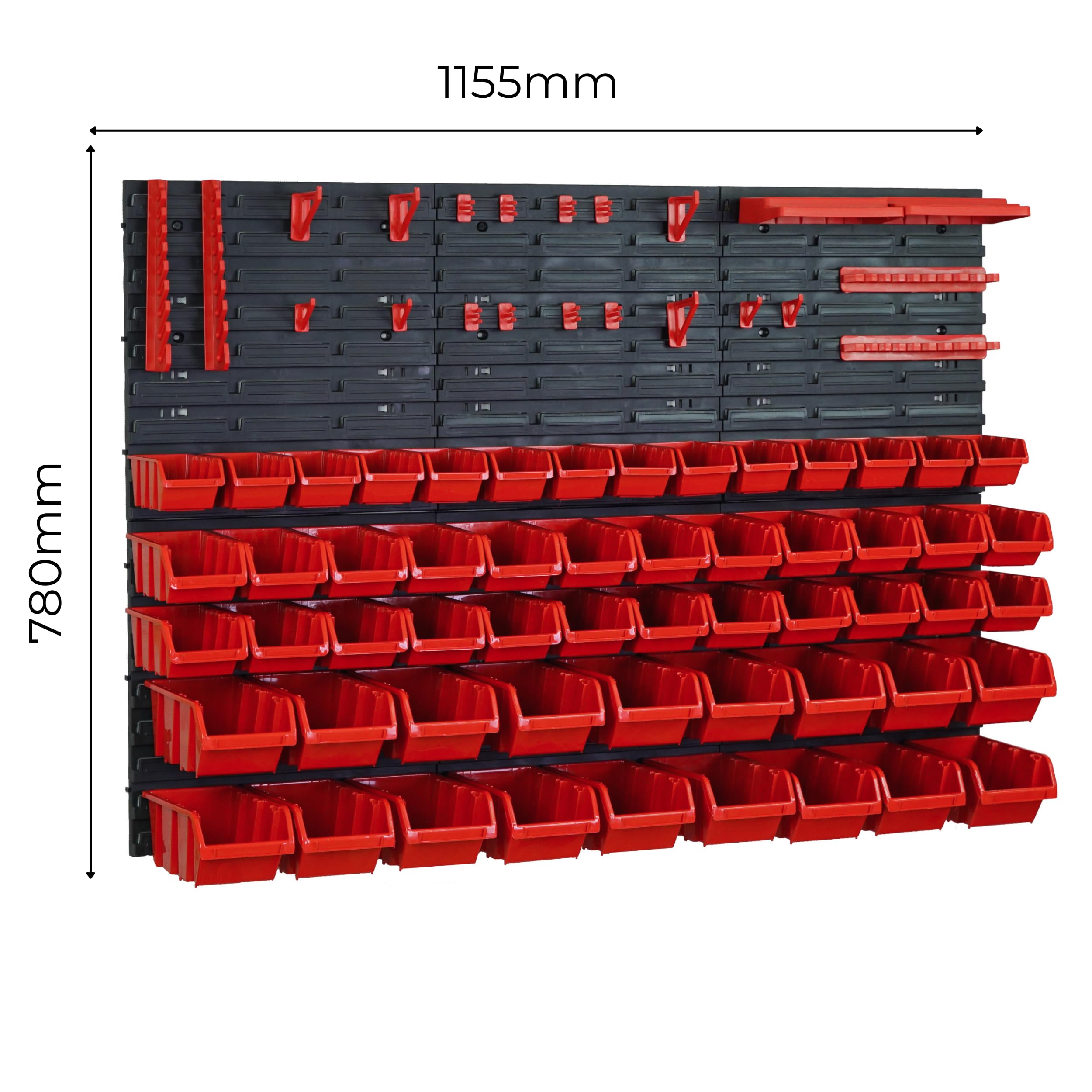 Juego de 84 cajas apilables y 6 estantes de pared de 39 x 38 cm y portaherramientas | Pared perforada para un almacenamiento flexible | Portaherramientas para taller, garaje y hogar | orden fácil