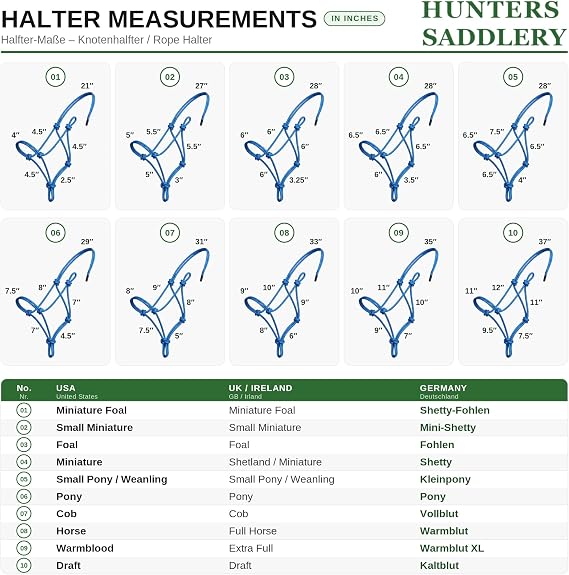 Rope Halters for Horses Training Soft - 11 Sizes - Miniature, Foal, Weanling, Small Pony, Cob/Arab, Horse, Warmblood, Draft