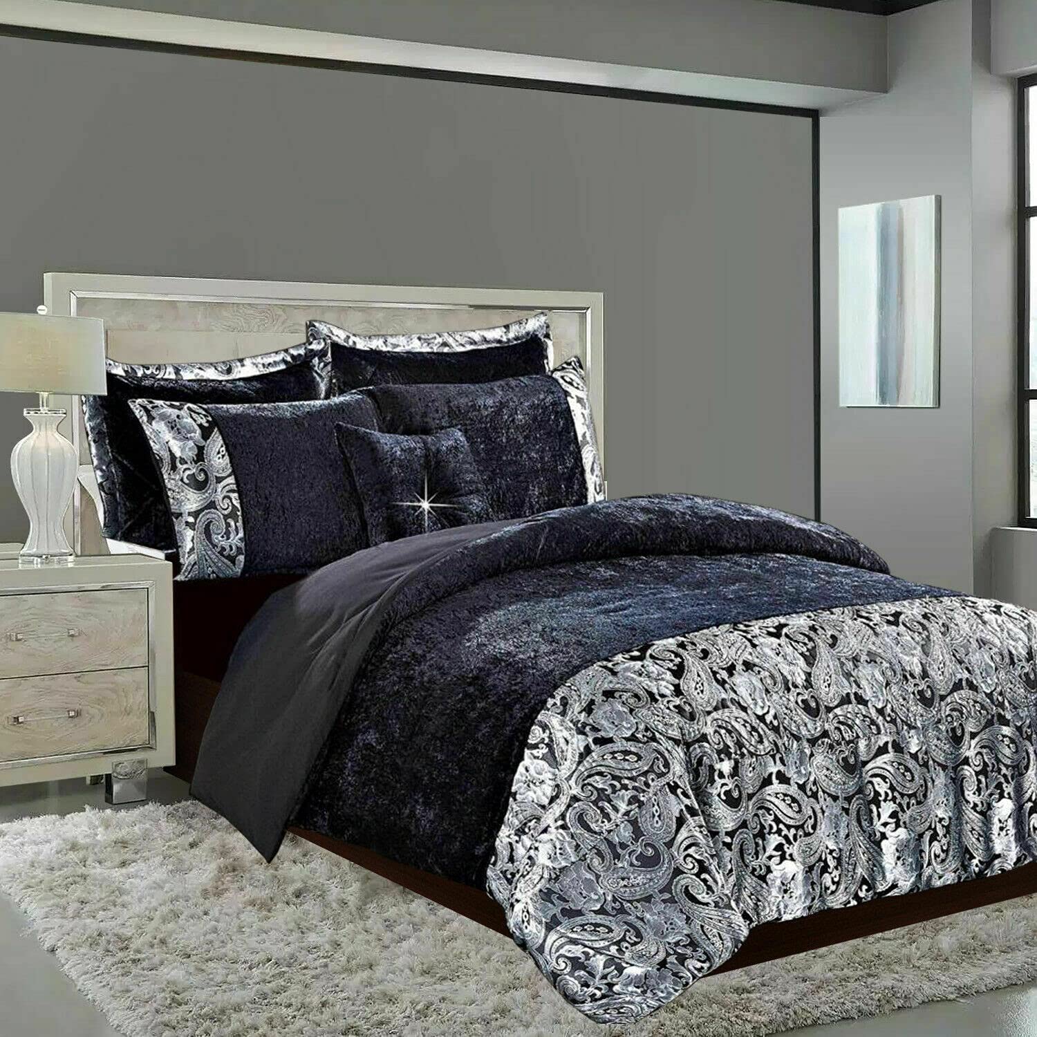 New Luxury SANTIAGO Duvet Cover Set Crushed Velvet Double King Super King Size (Black, King)