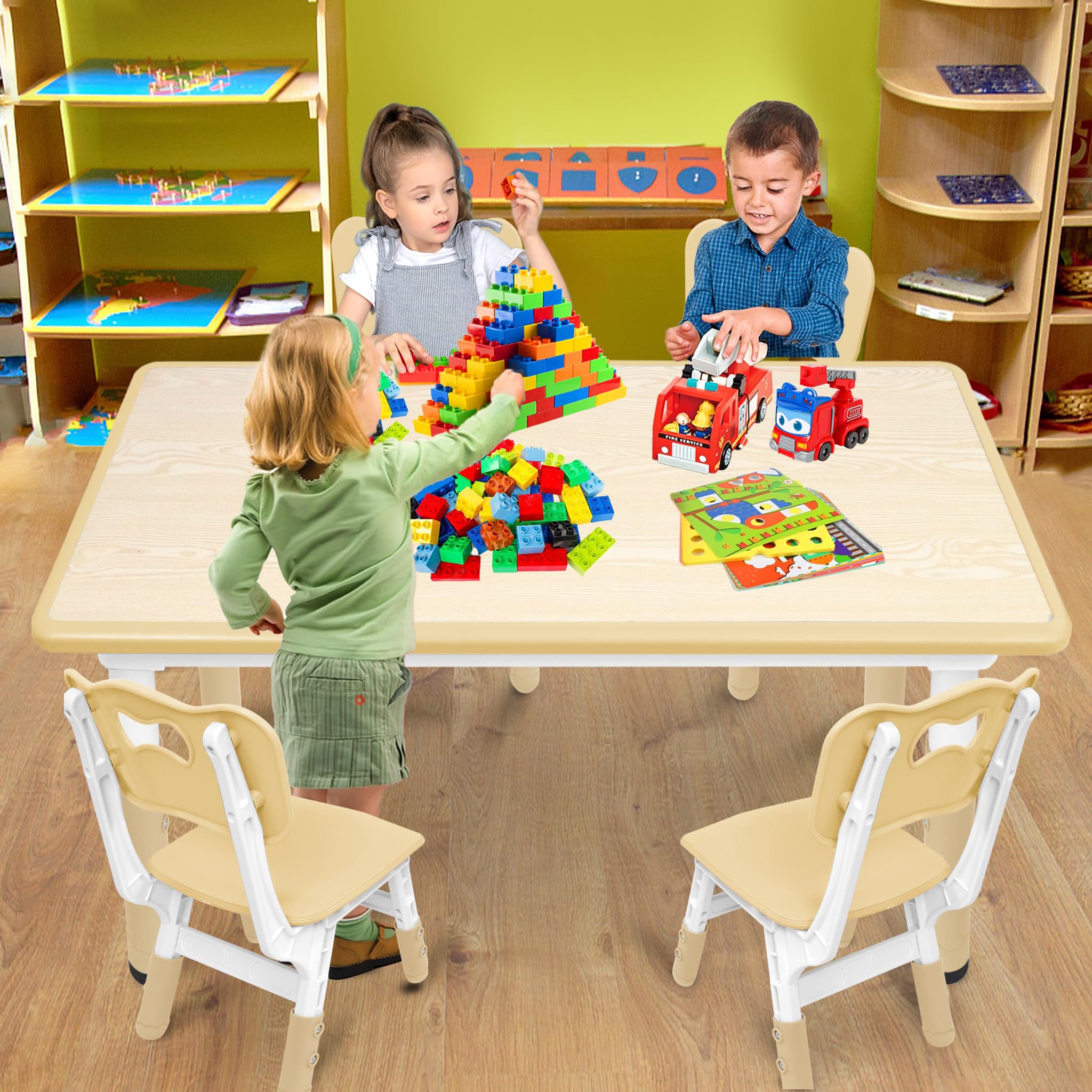 UISEBRT Table pour enfant avec 4 chaises, ensemble de sièges réglables en hauteur, pour enfants à partir de 2 ans, set de table en plastique, meubles pour maternelle et chambre d'enfant (couleur bois