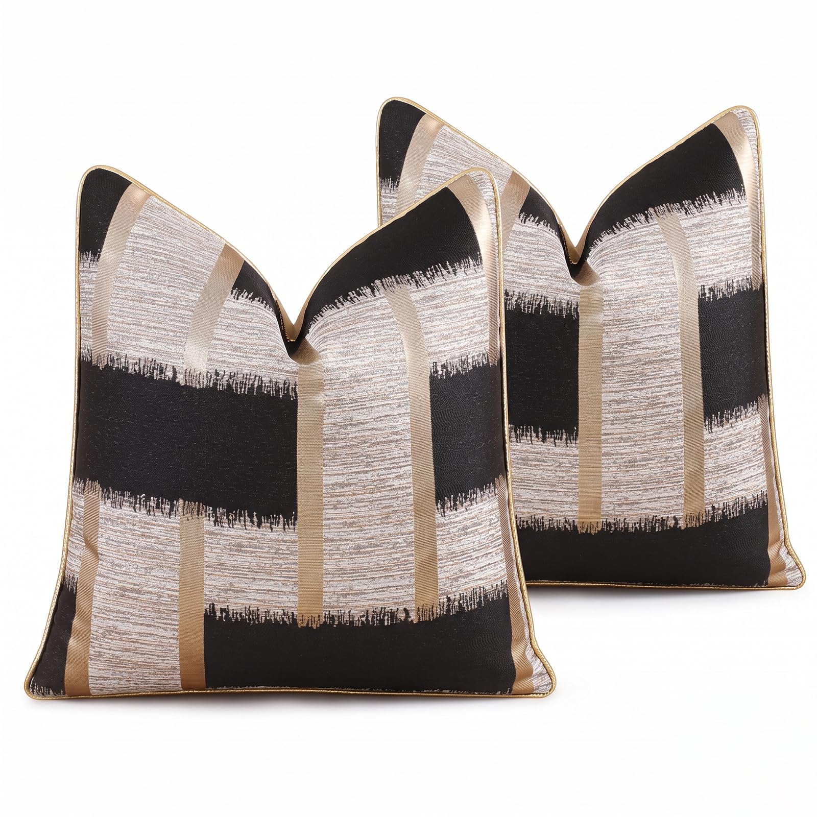 HOSTECCO Black Gold Geometric Jacquard Cushion Covers 45x45 cm Pack of 2, Abstract Art Deco Retro Decorative Cushion Cases for Sofa Living Room Decor