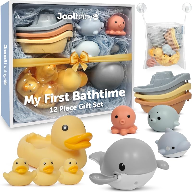 Jool Baby 12-Piece Bath Toy Gift Set with Bath Toy Storage Organizer | Makes a Great Baby Shower Gift – Gift-Ready Packaging – Includes Mesh Storage Bag for Air Drying & Keeping Toys Organized