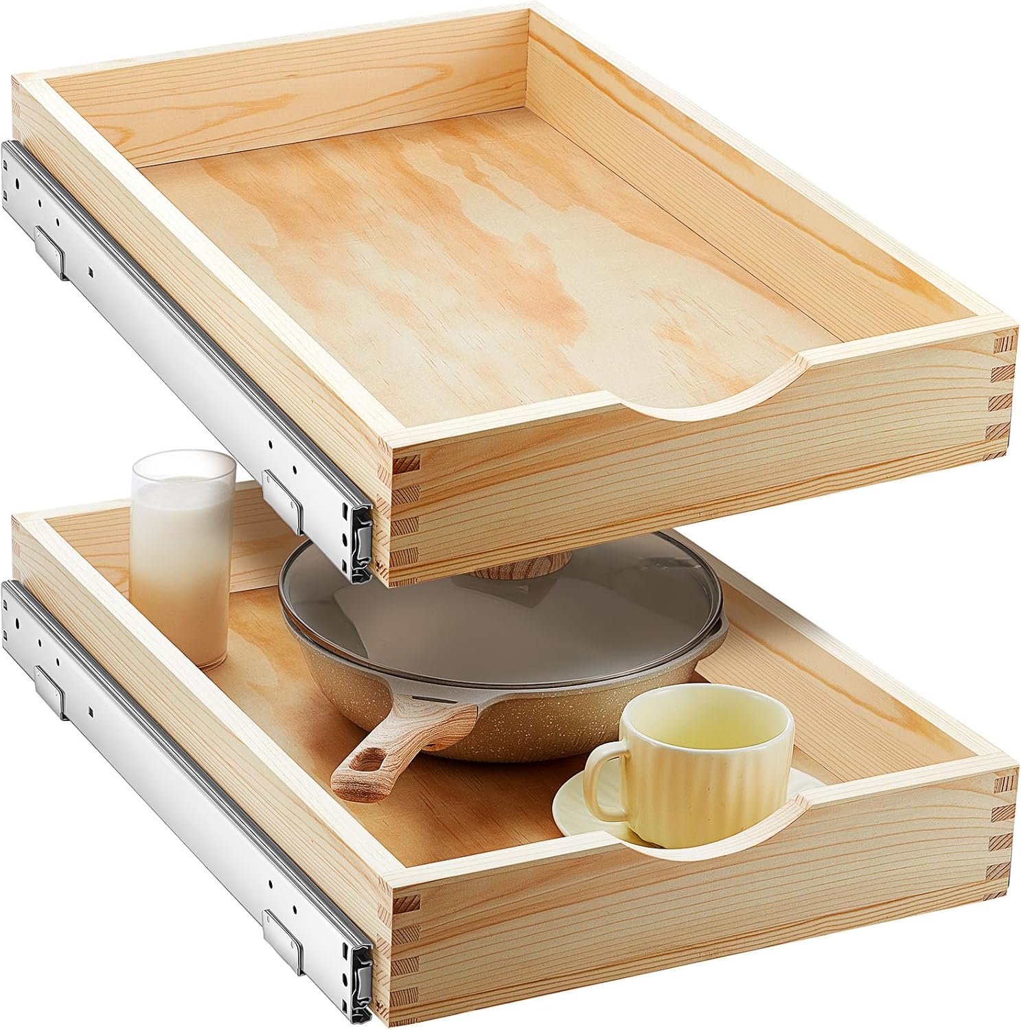 Menkxi 2 Set Pull out Tray Cabinet Organizer Wooden Pull Drawers storage Slide out Pantry Shelf for Base Cabinet Kitchen Gentle Close Fully Assembled Accessories(Wood Color,15'' X 21'' X 3'') 15'' X 21'' X 3'' Wood Color