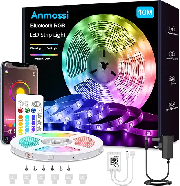 Anmossi LED Strip Light 10m,Smart Bluetooth LED Lights Strip Music Sync,RGB Colour Changing LED Strip Light with Remote,App Control,Led Lights for Indoor,Bedroom,Living Room,Kitchen,DIY Decoration