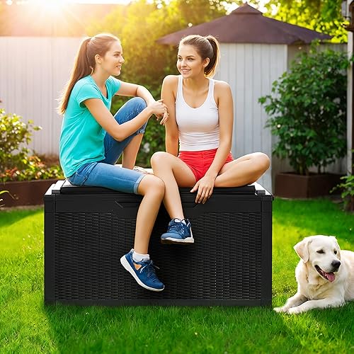 Miniatura 7 de GUNJI Caja de resina de 100 galones con cojín, caja de almacenamiento grande resistente a la intemperie al aire libre, contenedor de almacenamiento