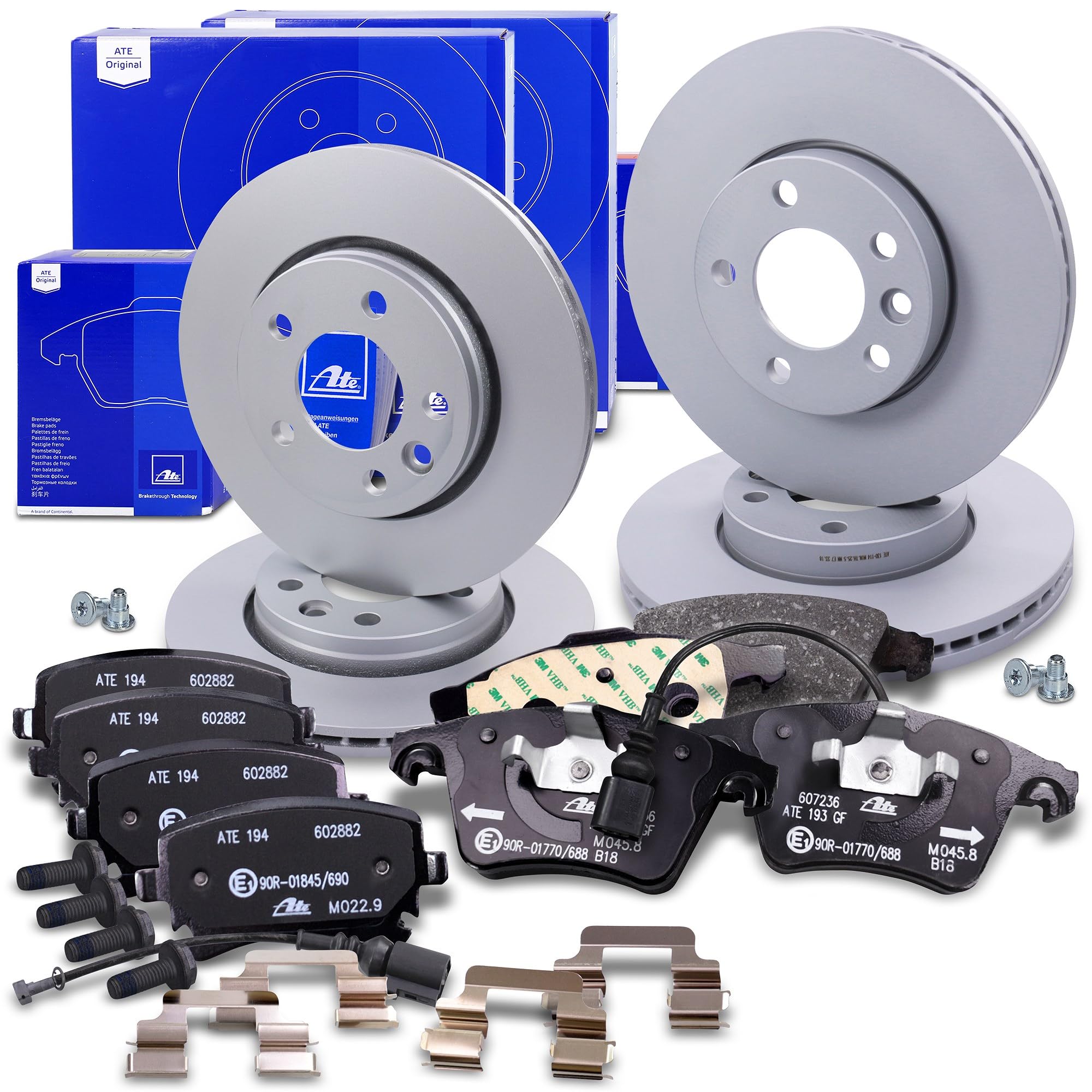 ATE Bremsenset inkl. Bremsscheiben vorne Ø 308 mm belüftet + hinten Ø 294 mm belüftet und Bremsbelägevorne + hinten und Warnkontakt Kompatibel mit VW CALIFORNIA Camper, MULTIVAN, TRANSPORTER T5 + T6