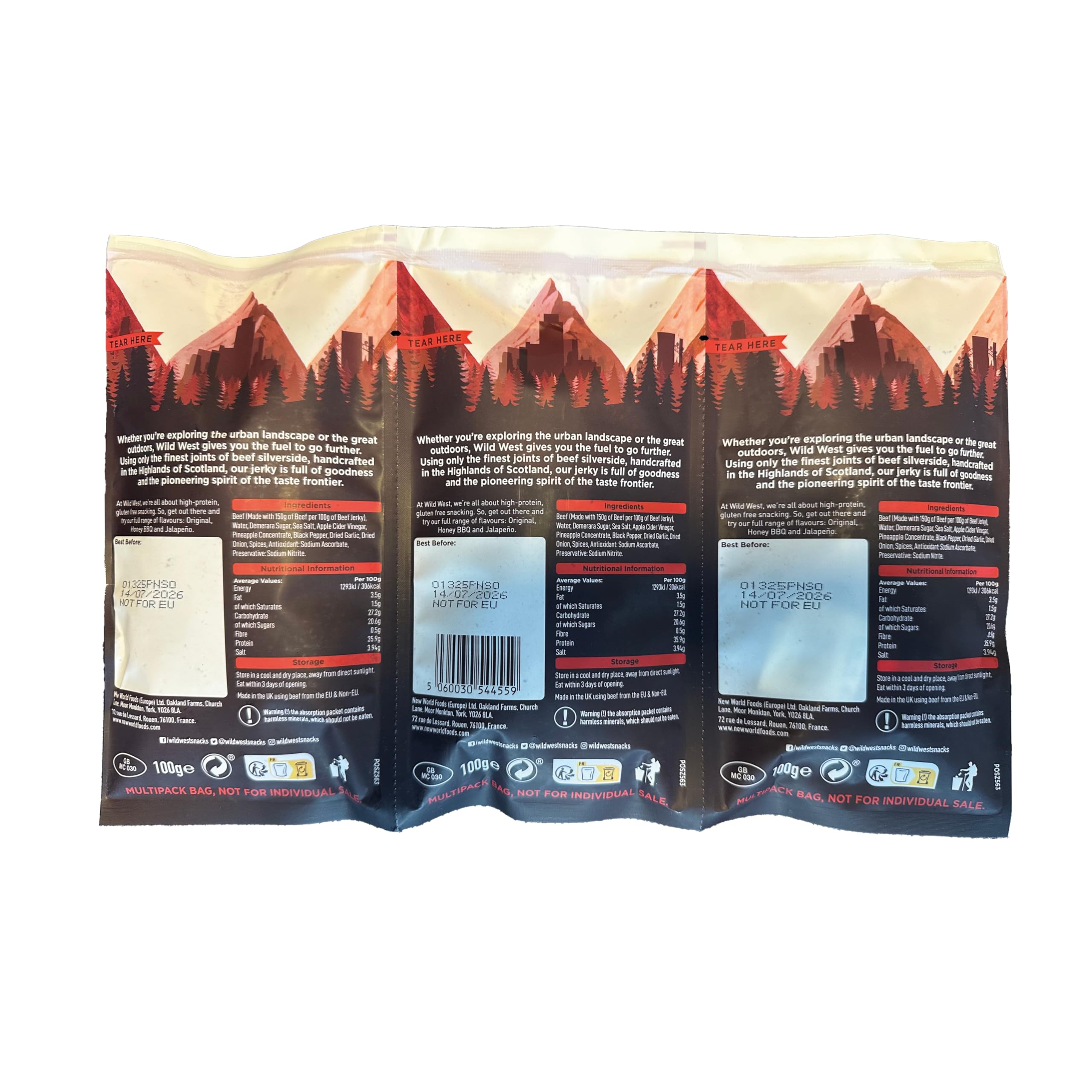 Wild West Beef Jerky, 3 x 100g Original Rindfleisch Snacks, Beef Jerky high Protein Trockenfleisch, Protein Snack, Knabberartikel