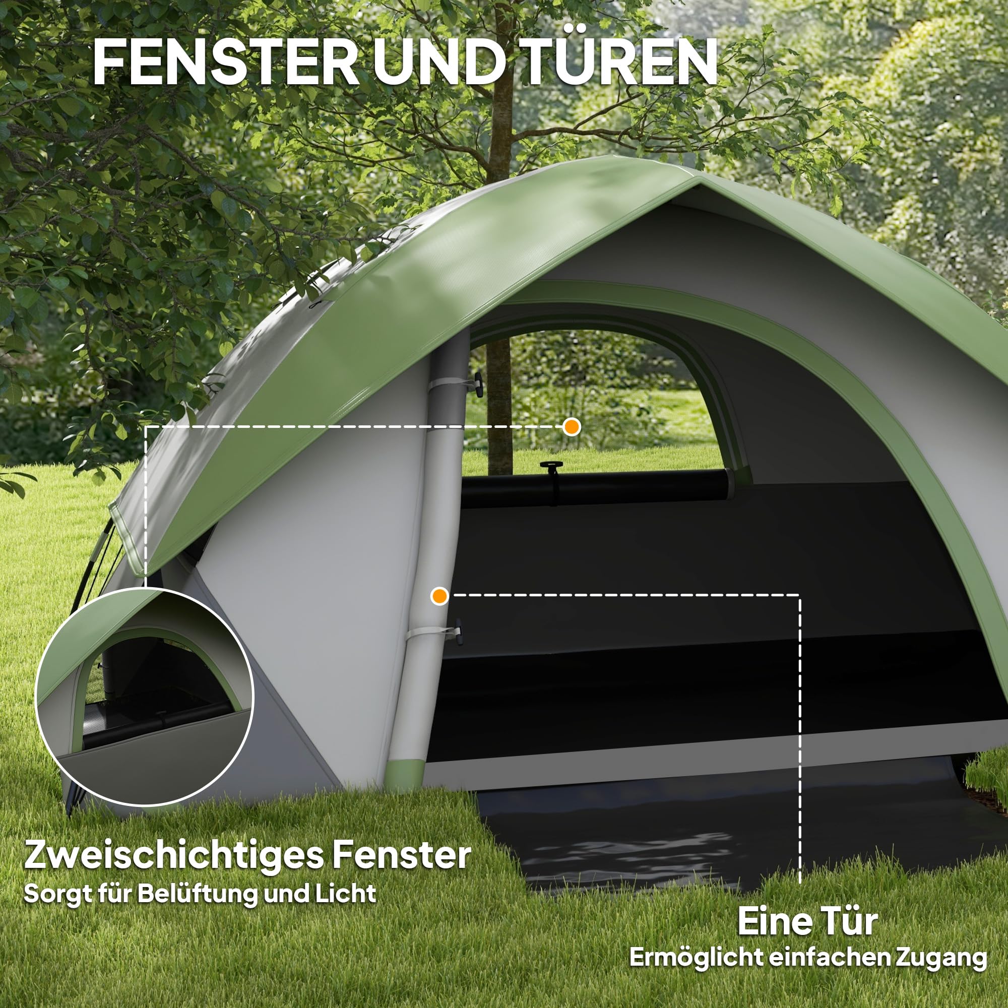 Outsunny Kuppelzelt für 2 Personen leicht, stabil wasserdicht Familienzelt mit Tür&Fenster Packtasche, Haken, Campingzelt mit 3000mm Wassersäule Zelt für Camping Reise Trekking Garten