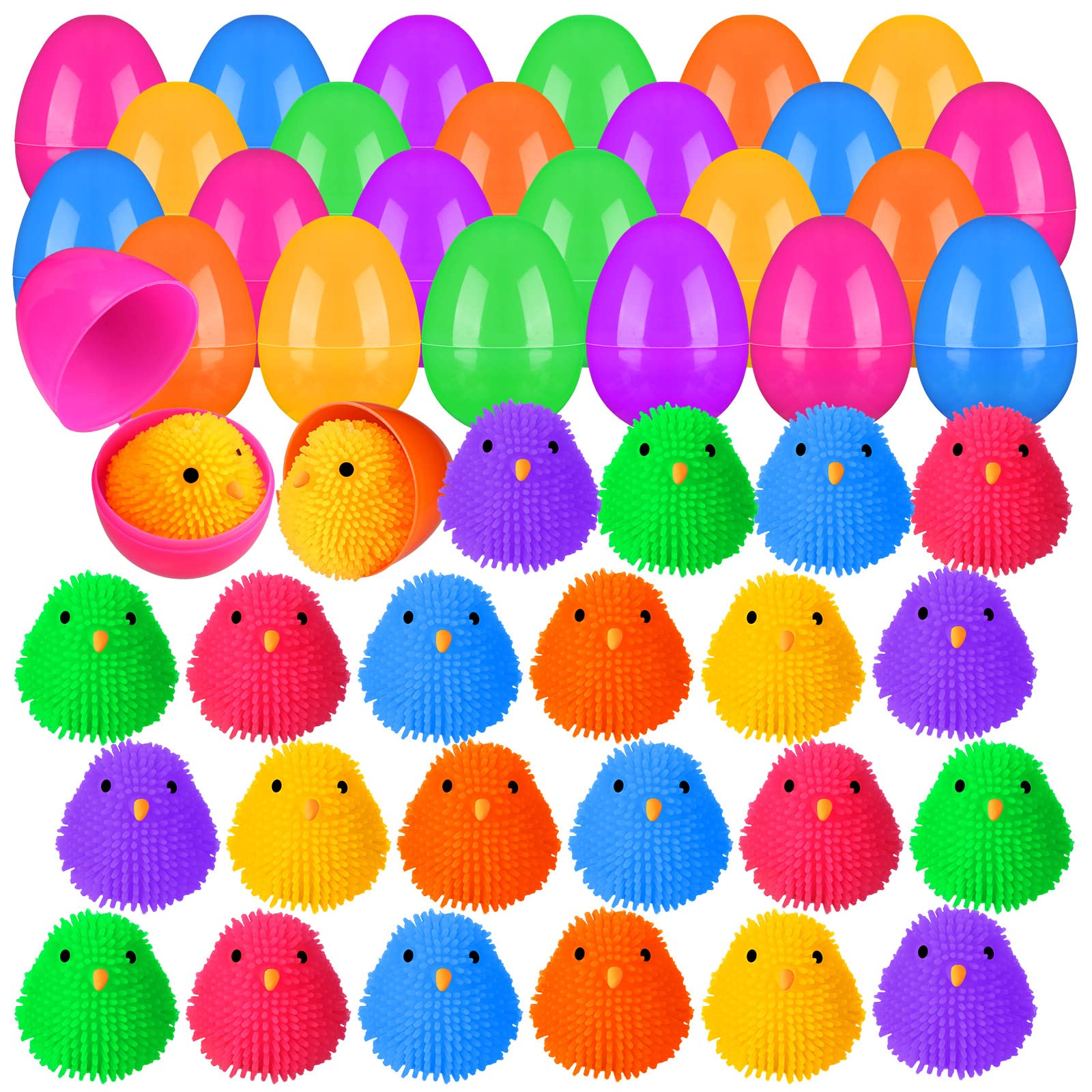 Buy 24 Pcs Filled Easter Eggs with Chicken Puffer/ Plush Bunny and Chicken, Colorful Plastic