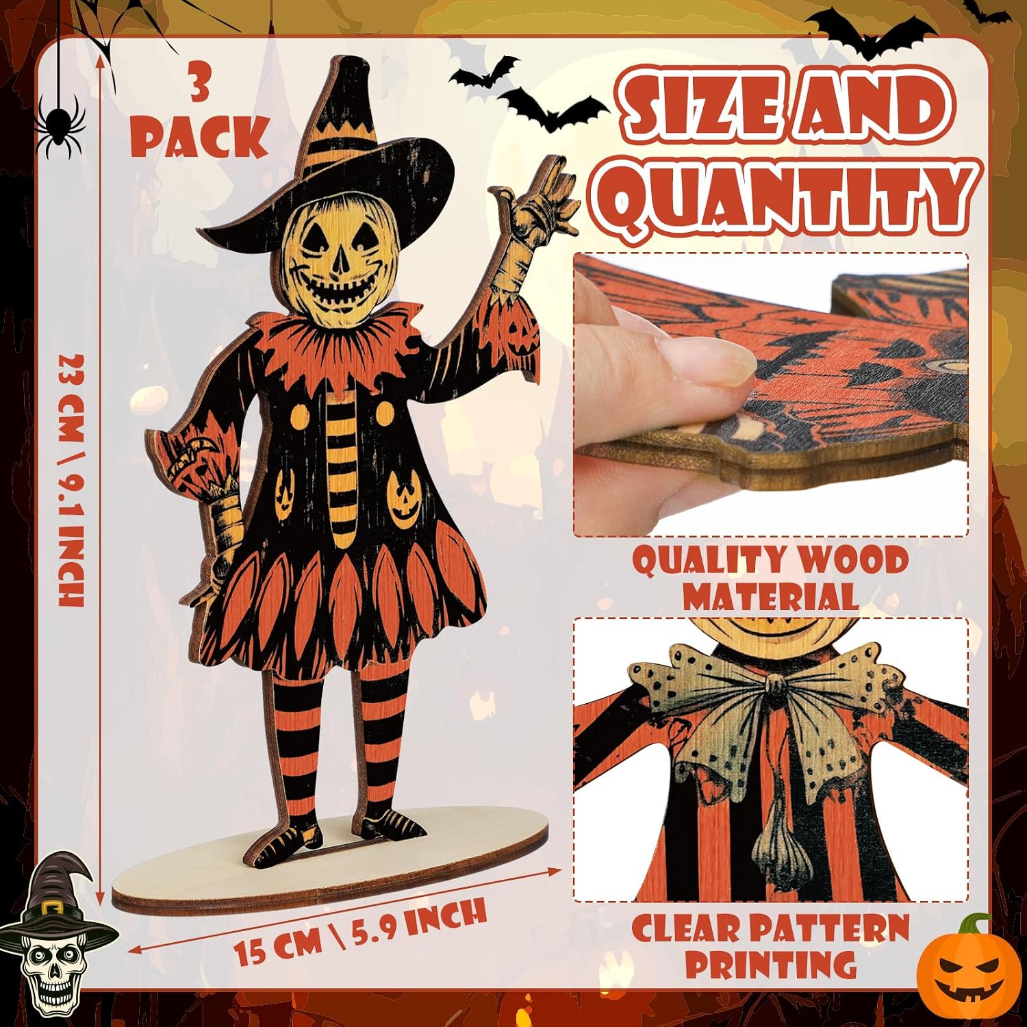 WinnerWhy 3 Pcs 9 x 6 Inch Vintage Halloween Retro Pumpkin Ghost Black Cat Table Decor Wooden Rustic Centerpiece Sign Farmhouse Halloween Table Decoration for Home Tabletop Holiday Party