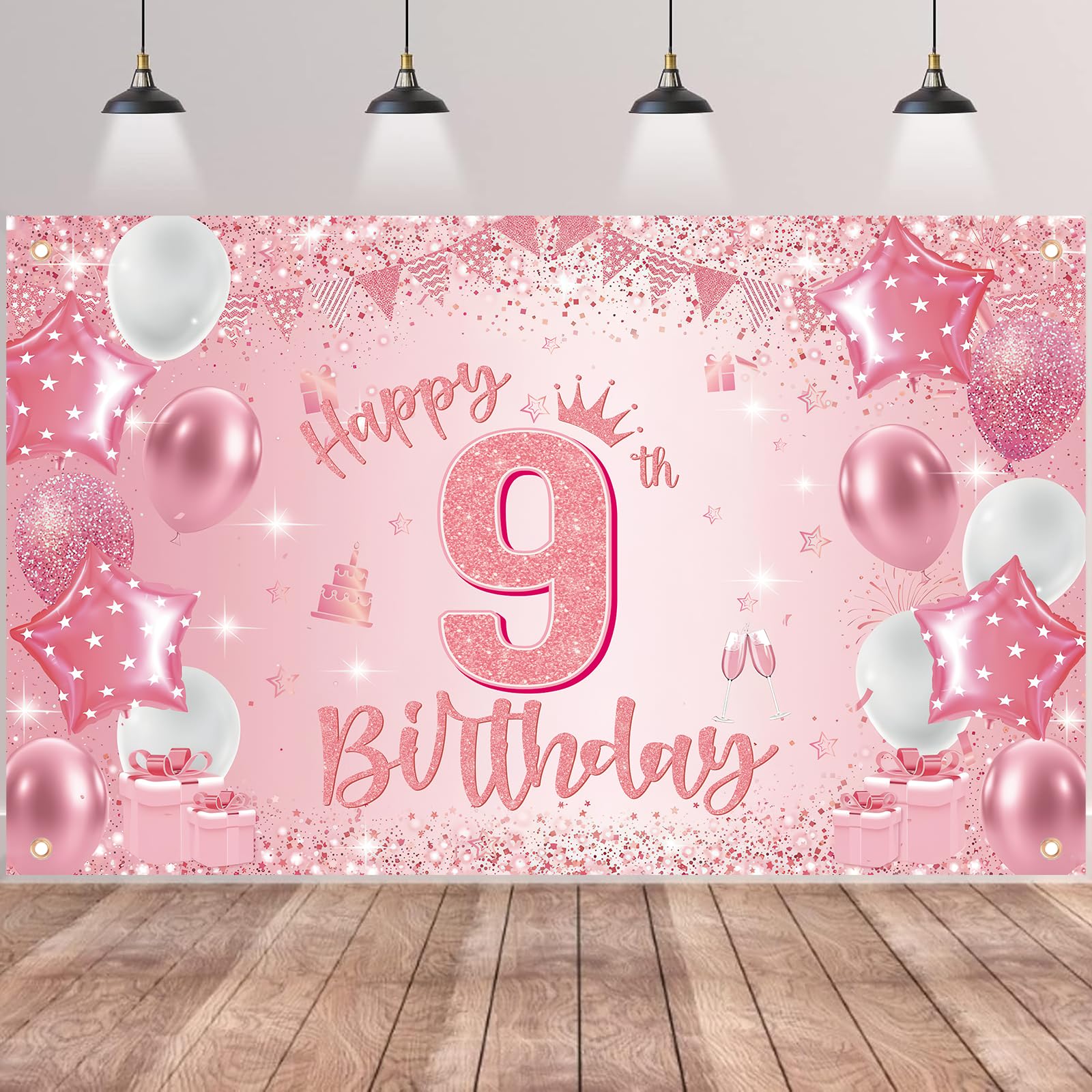 Happy 9th Birthday Banner Backdrop - Pink Decoration Backdrop Milestone Photography Background, Fabric Sign Poster for 9 Years Old Girls Birthday Party Supplies — image 1
