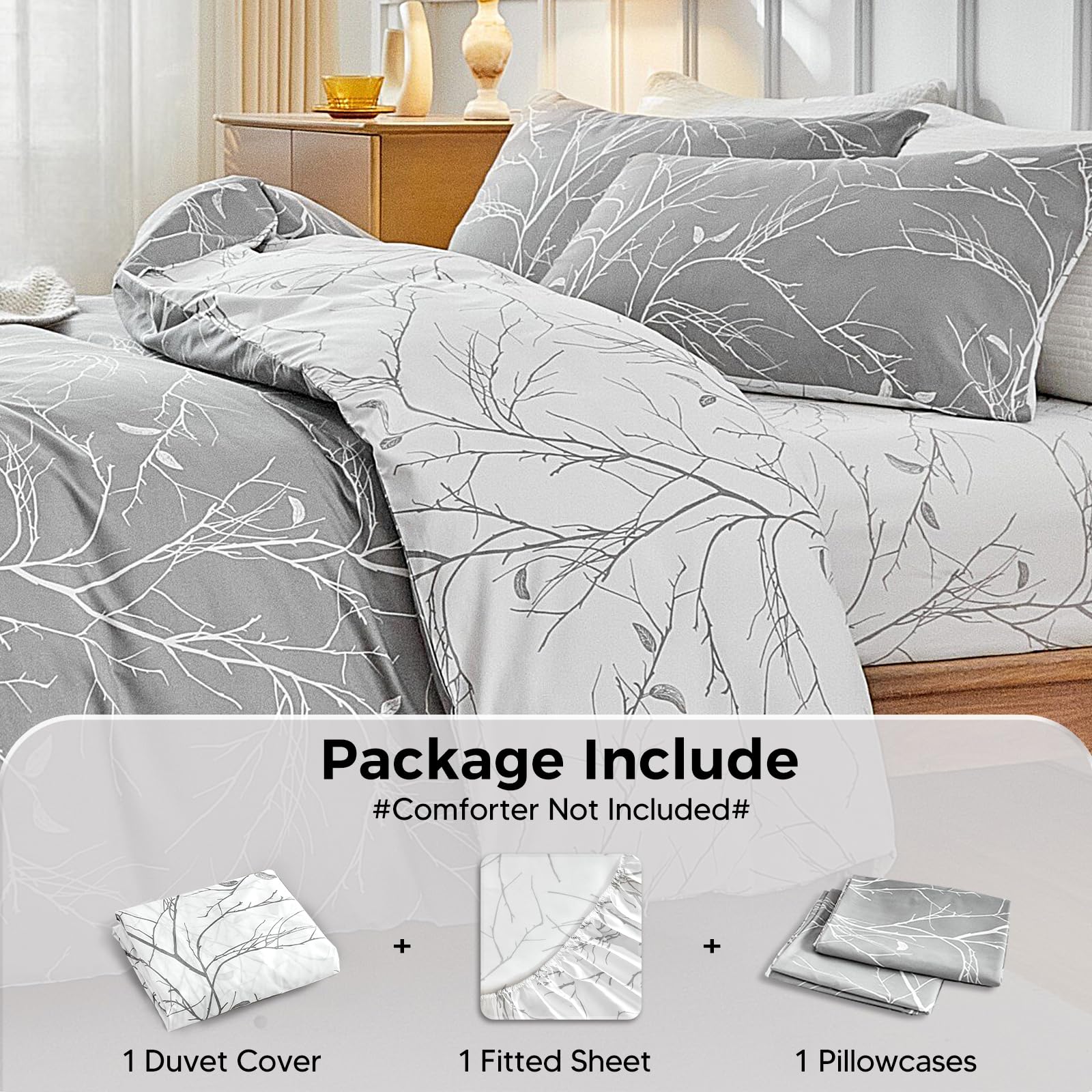 Tokokimo Single Duvet Cover Set 3 Piece Grey Bedding Sets with Fitted Sheet - Image 3
